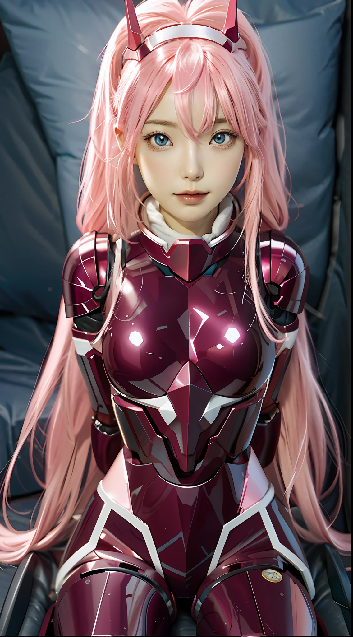 Anime girl sitting on bed with pink hair and blue eyes, zero two, streamlined pink armor, smooth pink armor,