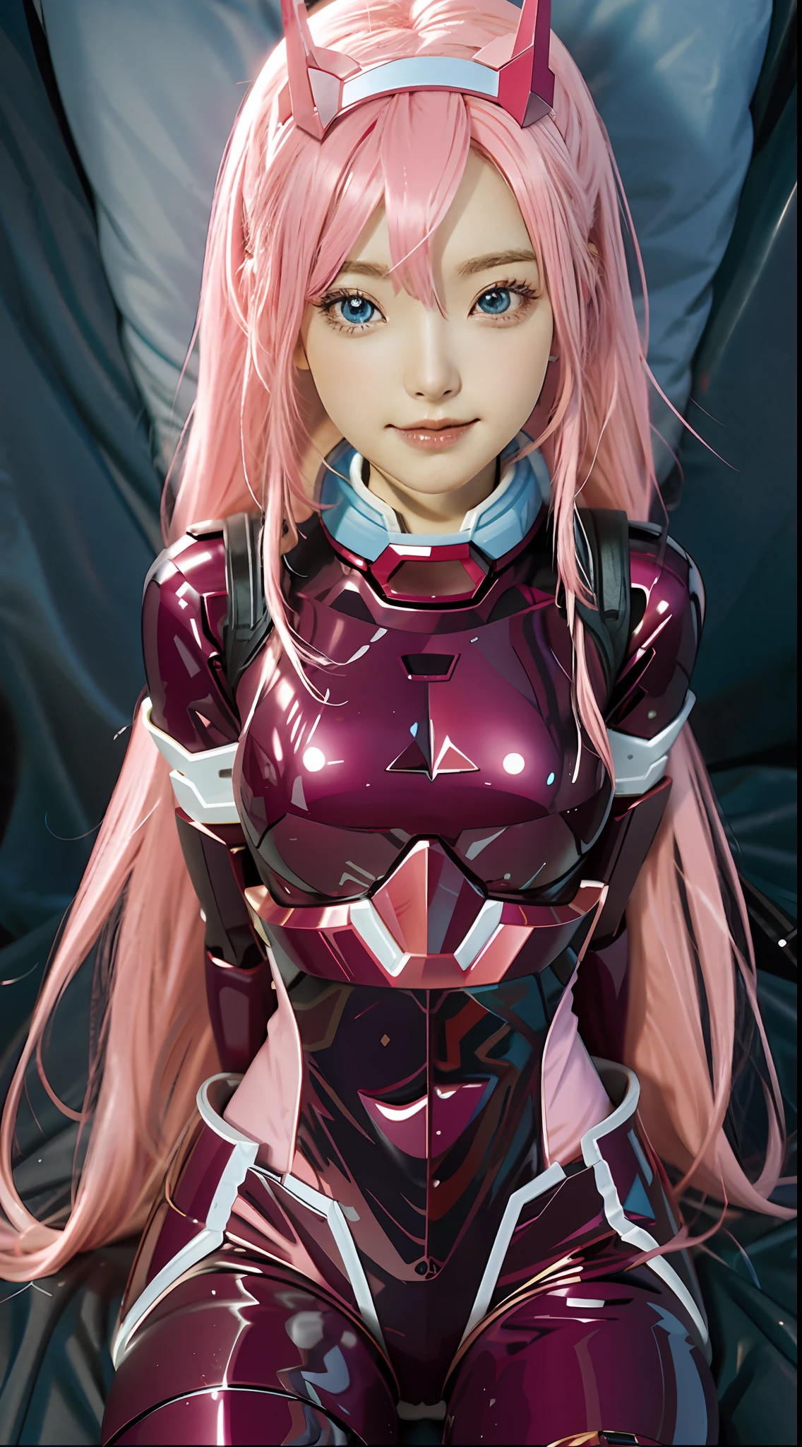 Anime girl sitting on bed with pink hair and blue eyes, zero two, streamlined pink armor, smooth pink armor,