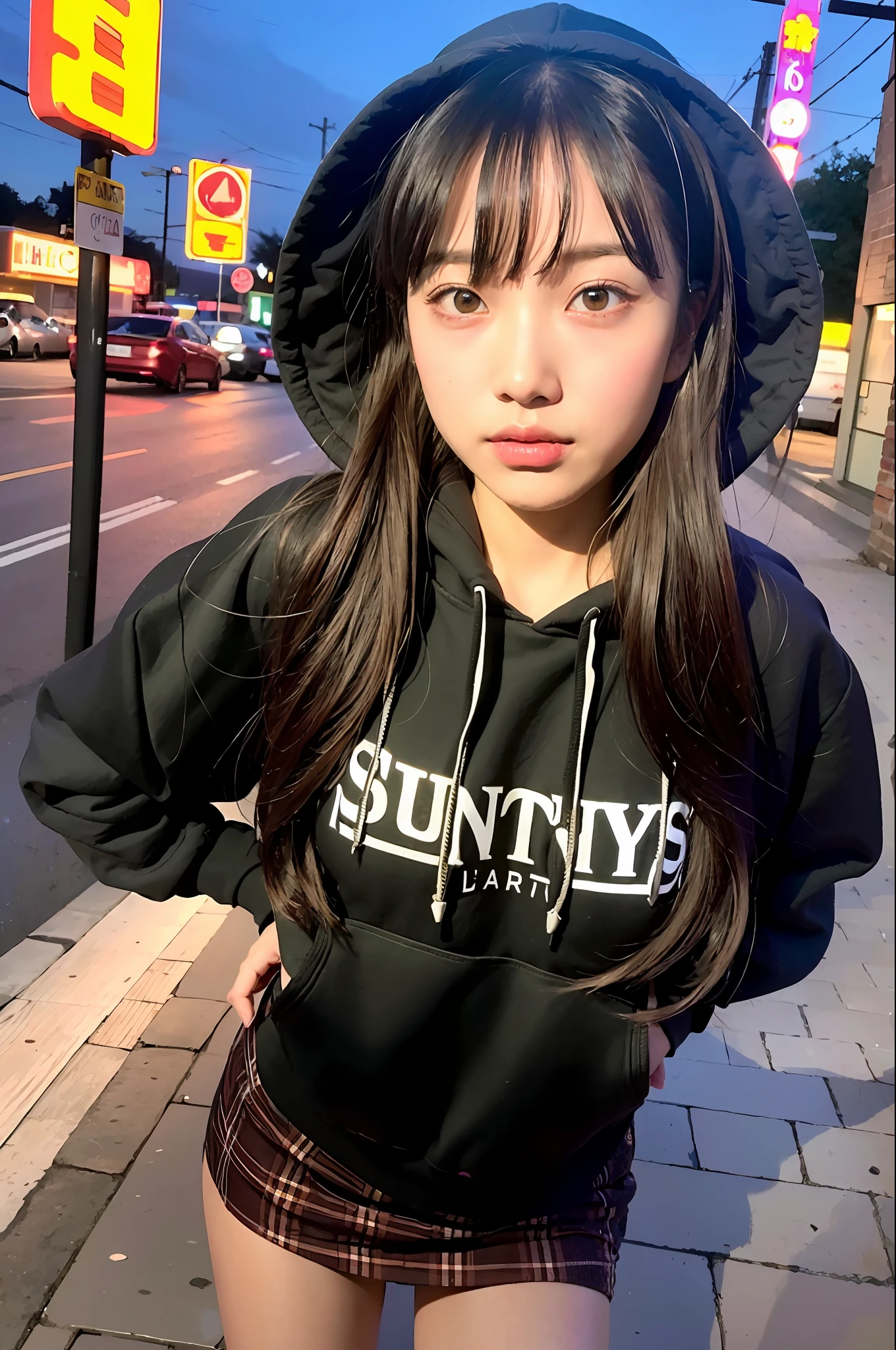 (8k, RAW photo, best quality, masterpiece:1.2), ultra detailed, ultra high res,
(realistic, photo realistic:1.37), portrait, high detail RAW color photo, professional photograph,
an extremely delicate and beautiful, extremely detailed, 8k wallpaper, Amazing, finely detail, huge file size, official art, extremely detailed CG unity 8k wallpaper,
extremely detailed beautiful girl, extremely detailed face, extremely detailed eyes, extremely detailed skin, extremely detailed fingers, extremely detailed nose, extremely detailed mouth, perfect anatomy, highly detailed background, extremely detailed clothing,
1girl, (18 years old:1.2), teenage, cute girl, famous japanese idol, kawaii,
(small breasts:1.2), realistic body, petite,
fair skin, shiny skin, slender body, good figure,
black hair, long straight hair, (blunt bangs:1.2),
smile, cute, young, cute face, realistic face,
beautifully detailed eyes, drooping eyes,
(hoodie:1.4), (skirt:1.2), necklace, earrings,
looking at viewer, cowboy shot, face the front, standing posture, contrapposto,
outdoors, (night:1.2), neon city, neon light, neon sign, public, crowd,
dynamic lighting, HDR,