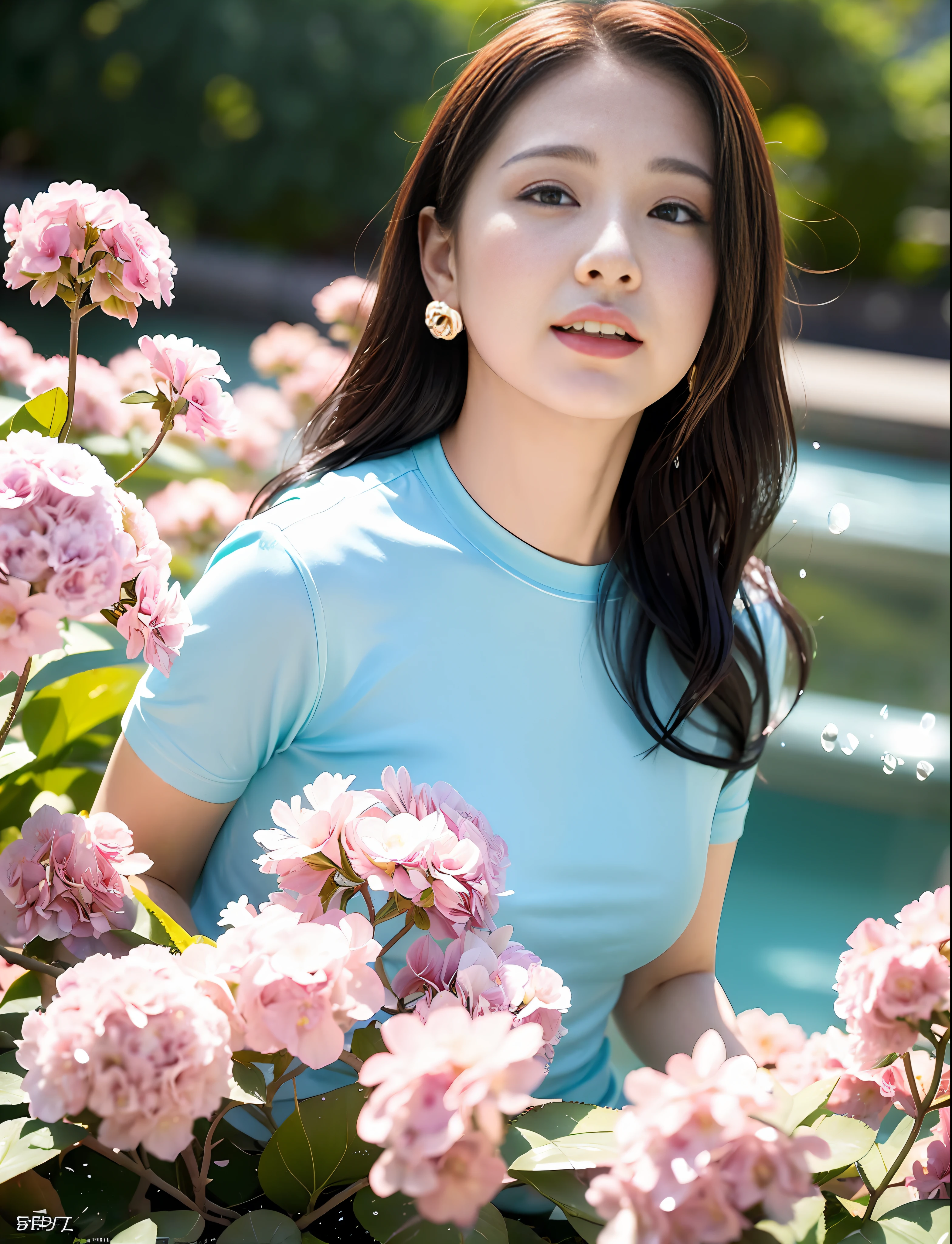 ((((Flowers splashing on the sides and background))) , mature korean woman, t-shirt design, realistic style, ((pastel tetradic color)), cute and whimsical, fantasy art, bokeh, soft lighting, camera face view, retro aesthetic, focusing on characters, 4K resolution, photorealistic, dynamic lighting, art station, poster, volumetric lighting, very detailed face, camera face, focus on face, life expression,
