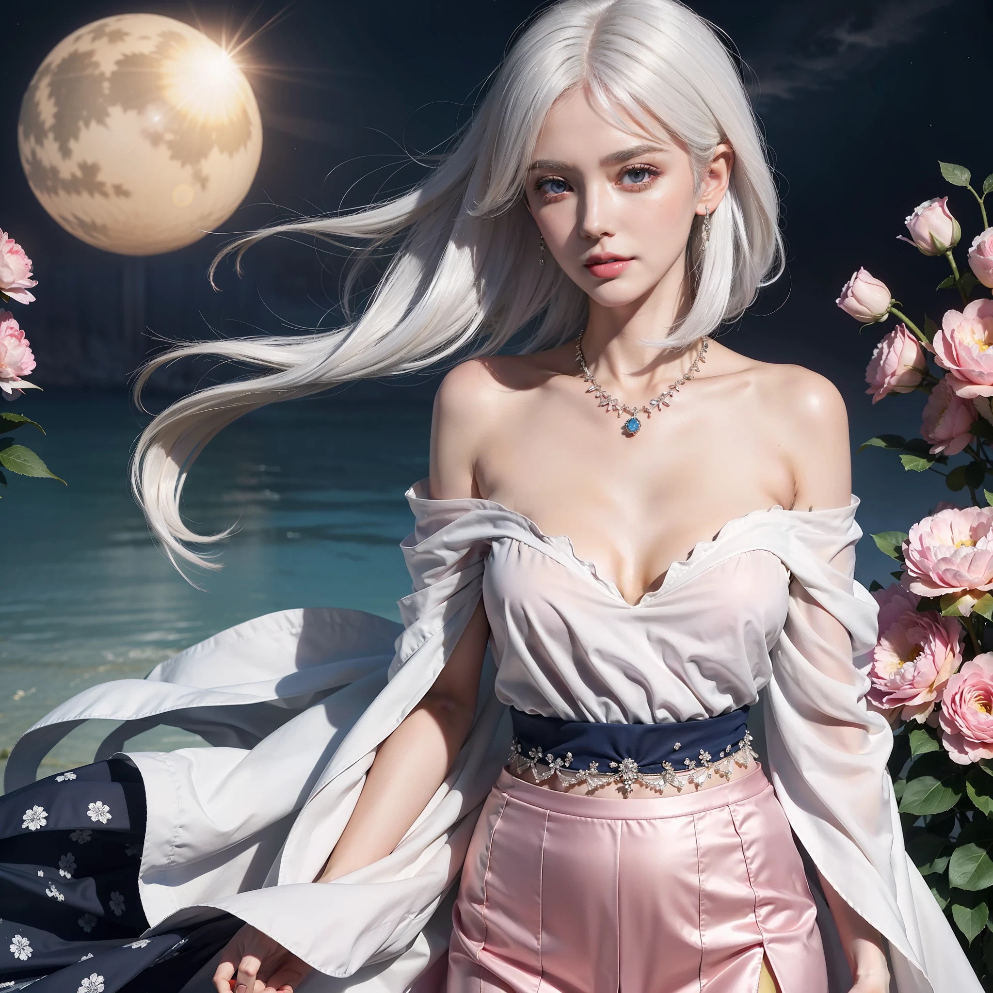 Realistic, mature feminine colorful woman, 1girl, white hair, bright eyes, cut high-quality top, delicate collarbone, sapphire necklace, high split brand skirt, parted lips, blush, night, flowers, sun, sun,