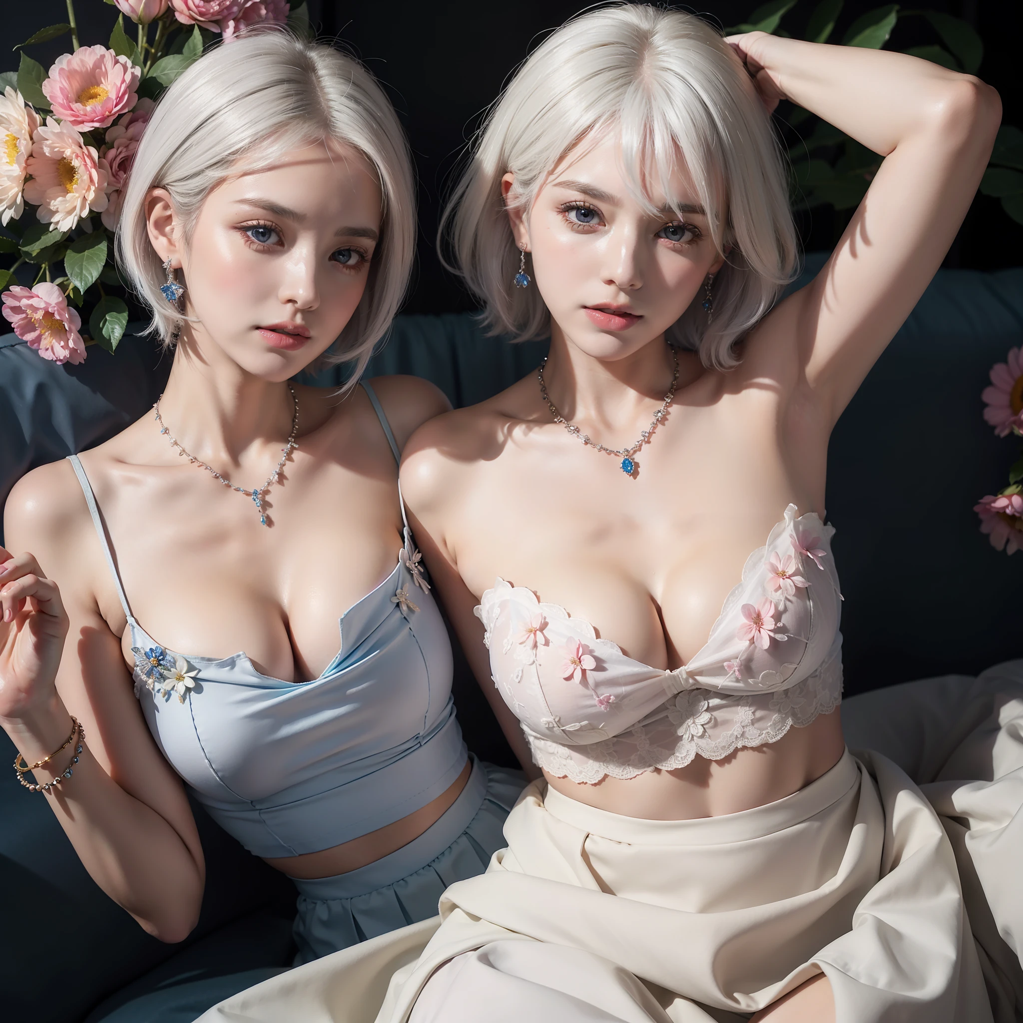 Realistic, mature feminine colorful woman, 1girl, white hair, bright eyes, cut high-quality top, delicate collarbone, sapphire necklace, high split brand skirt, parted lips, blush, night, flowers, sun, sun,