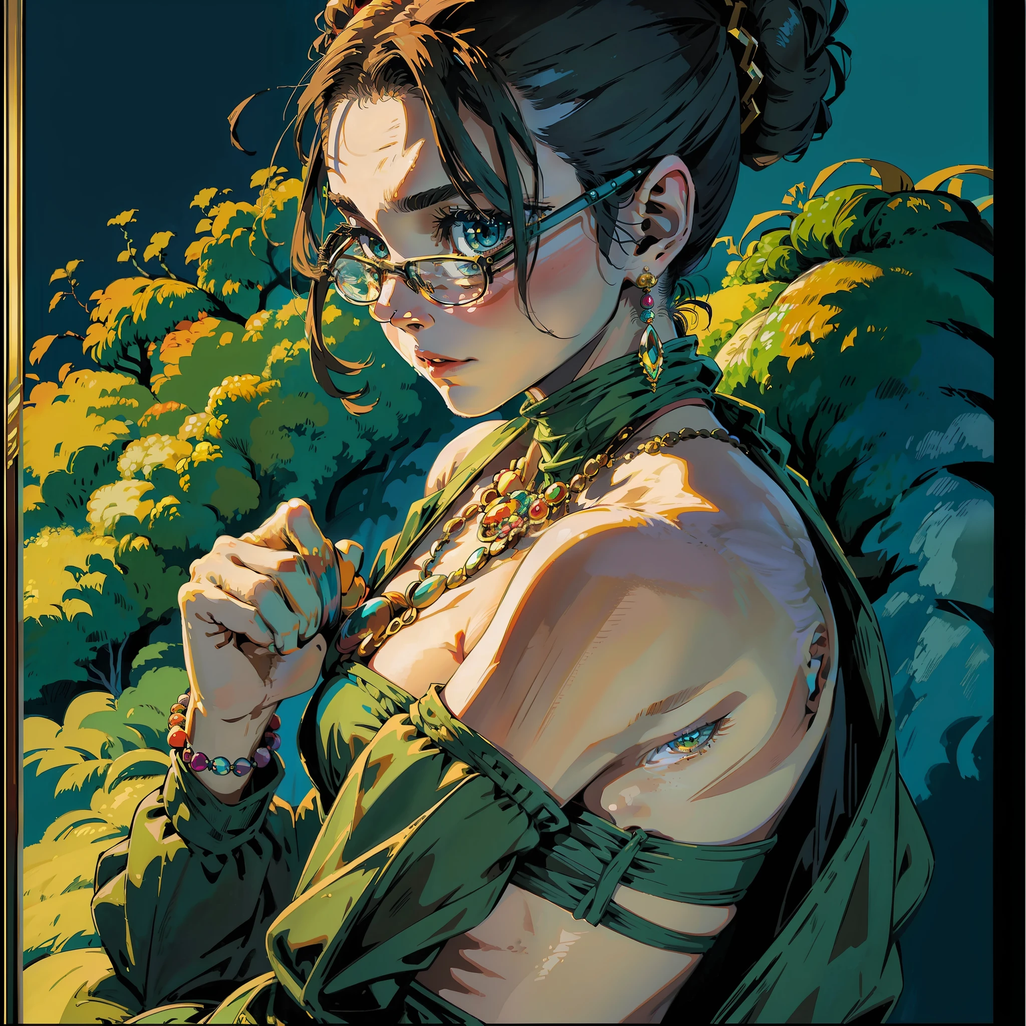 (masterpiece, high-quality 16k resolution), anatomically correct, (1girl with a hair bun, jewelry), Ghibli-like colors