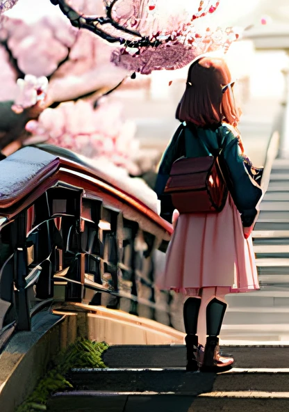 Hand drawn, cherry blossom background, anime characters, sense of design, cherry blossoms in the sky, little girl standing on stairs waiting --auto --s2