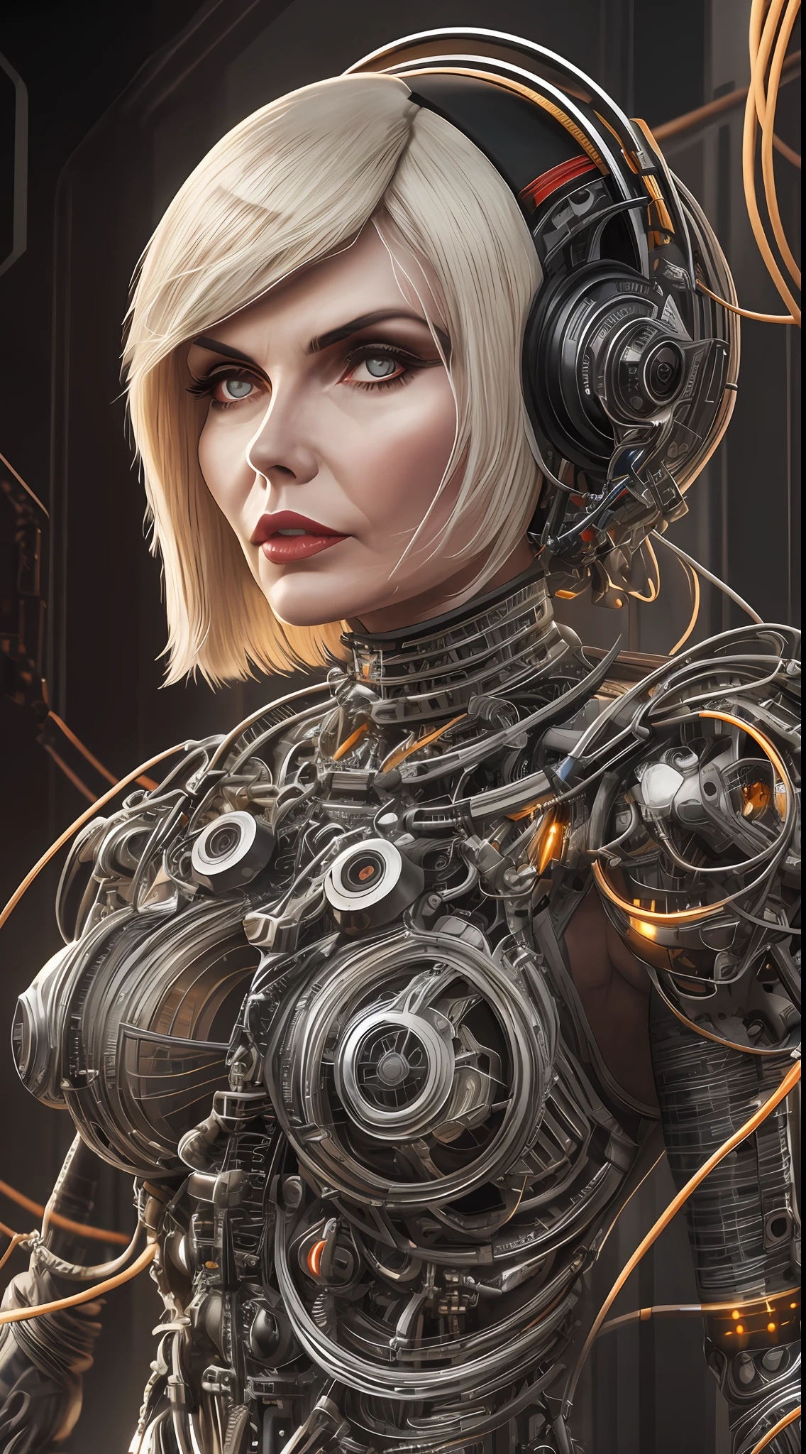 ((Debbie Harry)), 1mechanical girl,((ultra realistic details)), portrait, global illumination, shadows, octane render, 8k, ultra sharp,metal,intricate, ornaments detailed, cold colors, egypician detail, highly intricate details, realistic light, trending on cgsociety, glowing eyes, facing camera, neon details, machanical limbs,blood vessels connected to tubes,mechanical vertebra attaching to back,mechanical cervial attaching to neck,sitting,wires and cables connecting to head, hrgiger style