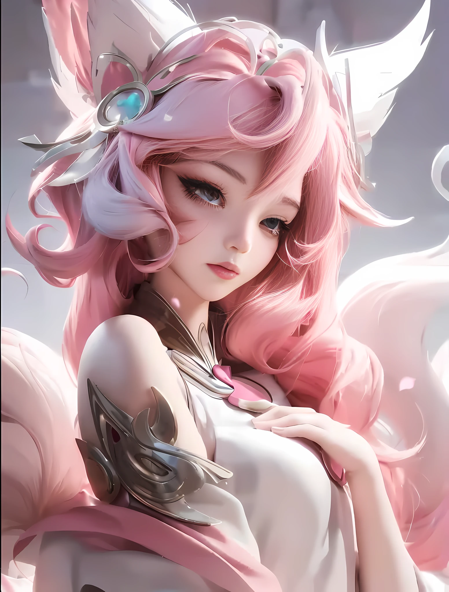 anime girl with pink hair and white dress with pink ears, portrait of ahri, beautiful anime catgirl, ahri, extremely detailed artgerm, very beautiful anime cat girl, very beautiful cute catgirl, pink fox, ! dream artgerm, digital anime art, ahri from league of legends, anime art wallpaper 8 k