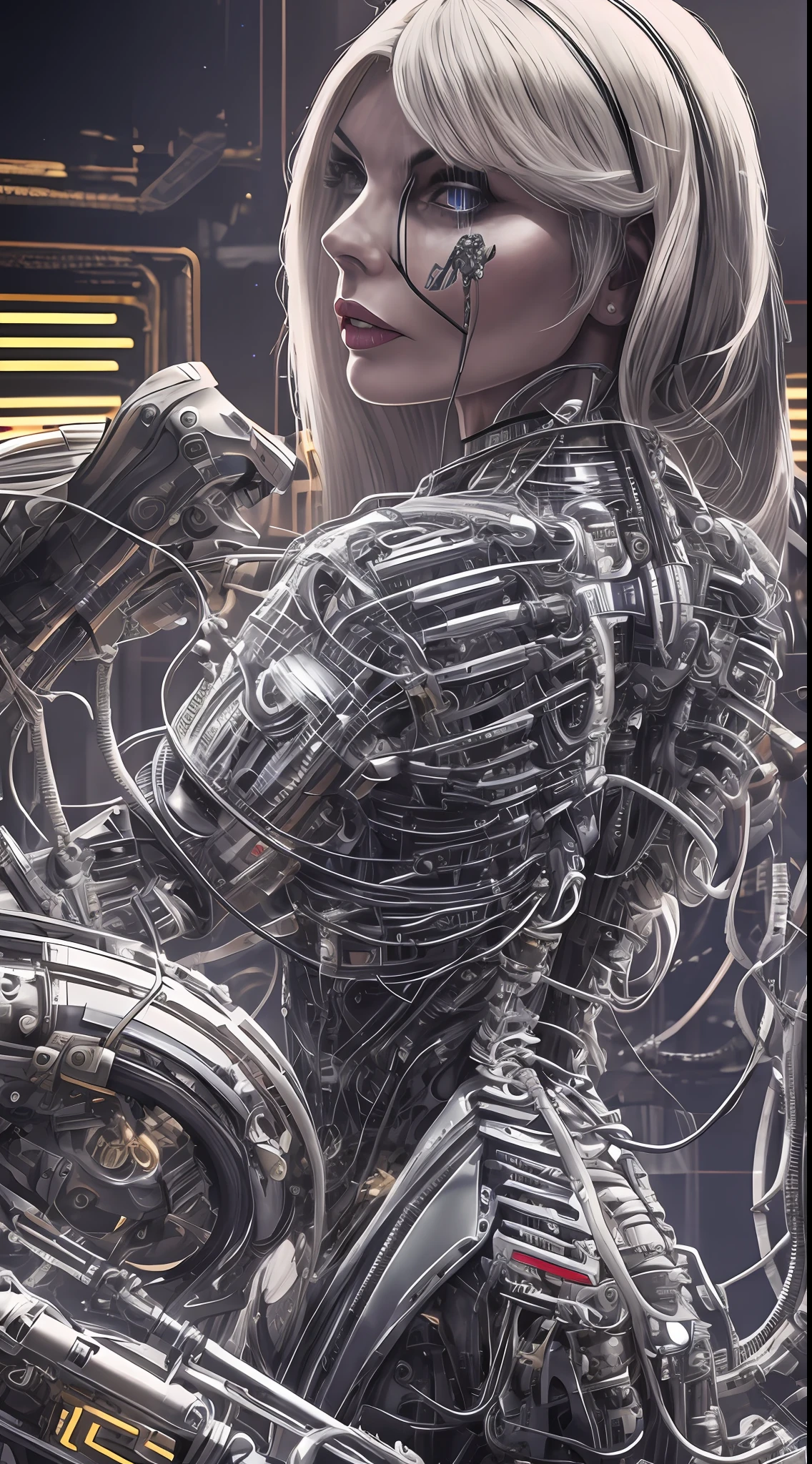 ((Debbie Harry)), 1mechanical girl,((ultra realistic details)), portrait, global illumination, shadows, octane render, 8k, ultra sharp,metal,intricate, ornaments detailed, cold colors, egypician detail, highly intricate details, realistic light, trending on cgsociety, glowing eyes, facing camera, neon details, machanical limbs,blood vessels connected to tubes,mechanical vertebra attaching to back,mechanical cervial attaching to neck,sitting,wires and cables connecting to head, hrgiger style
