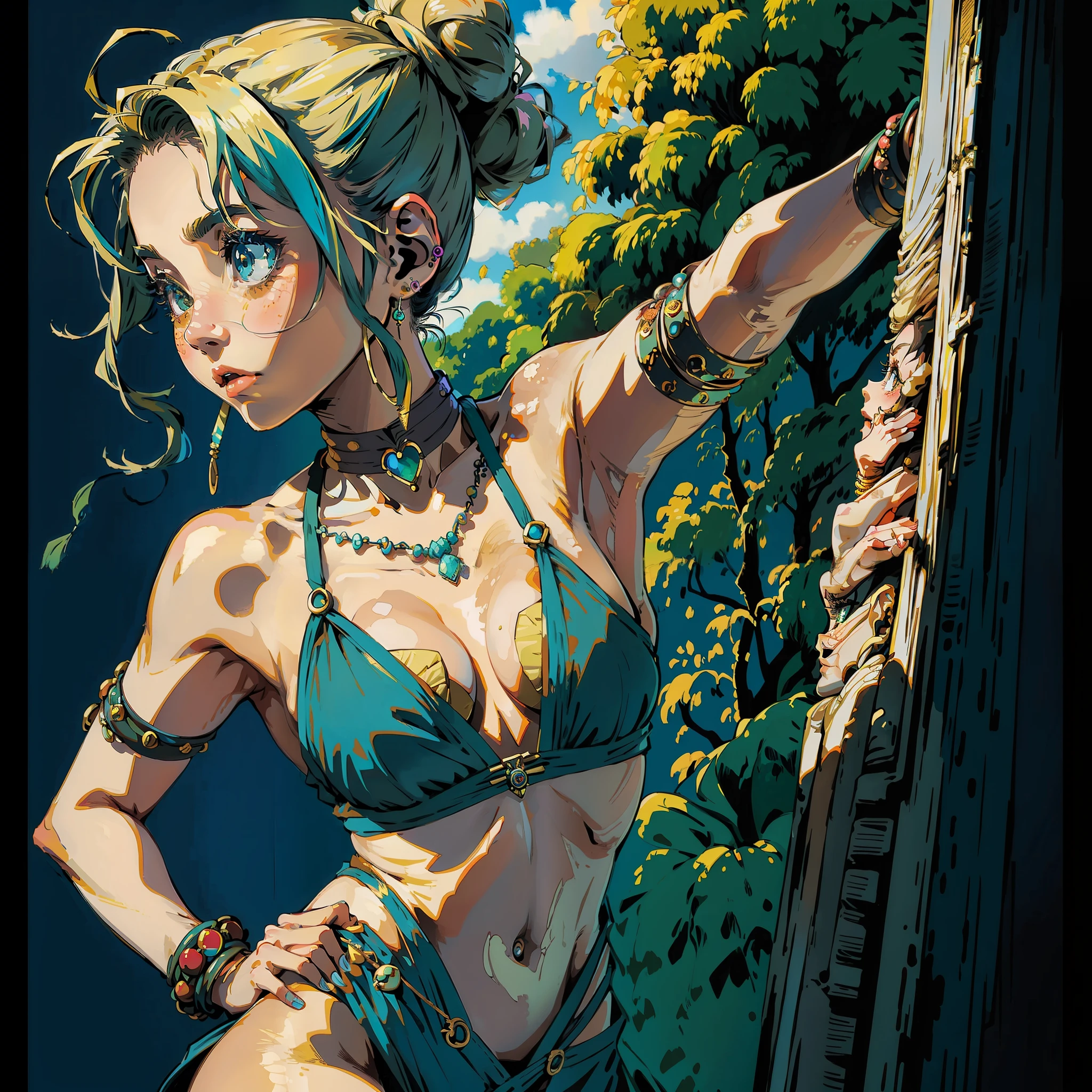 (masterpiece, high-quality 16k resolution), anatomically correct, (1girl with a hair bun, jewelry), Ghibli-like colors