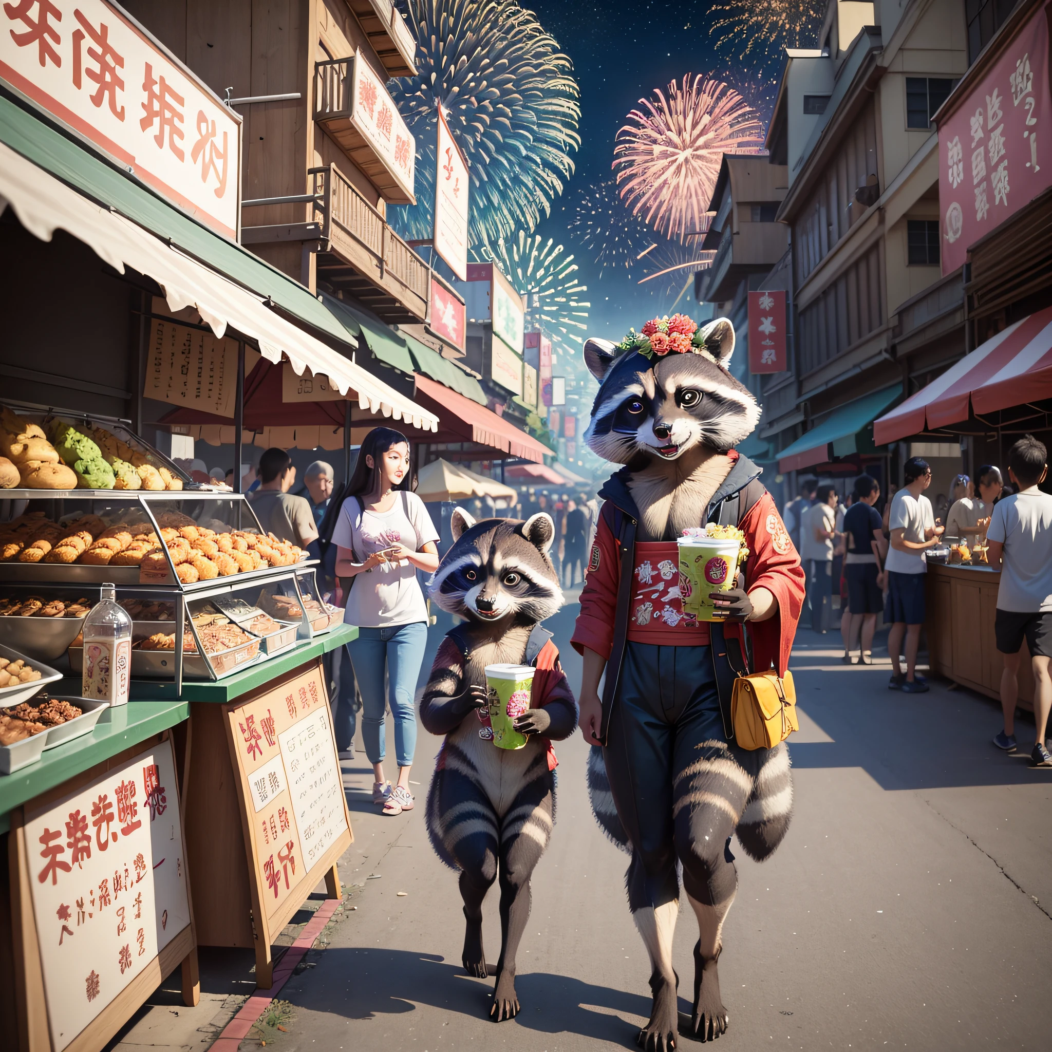 (raccoon personification) parents and children come to the summer festival and have fun. There are fireworks in the sky, many food stalls in the background, and it is crowded with many people.