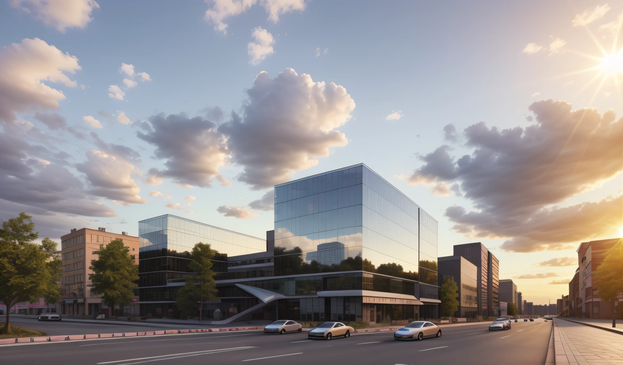 Glass, daytime, realistic, cars driving on the street, high detail, 3D, urban environment