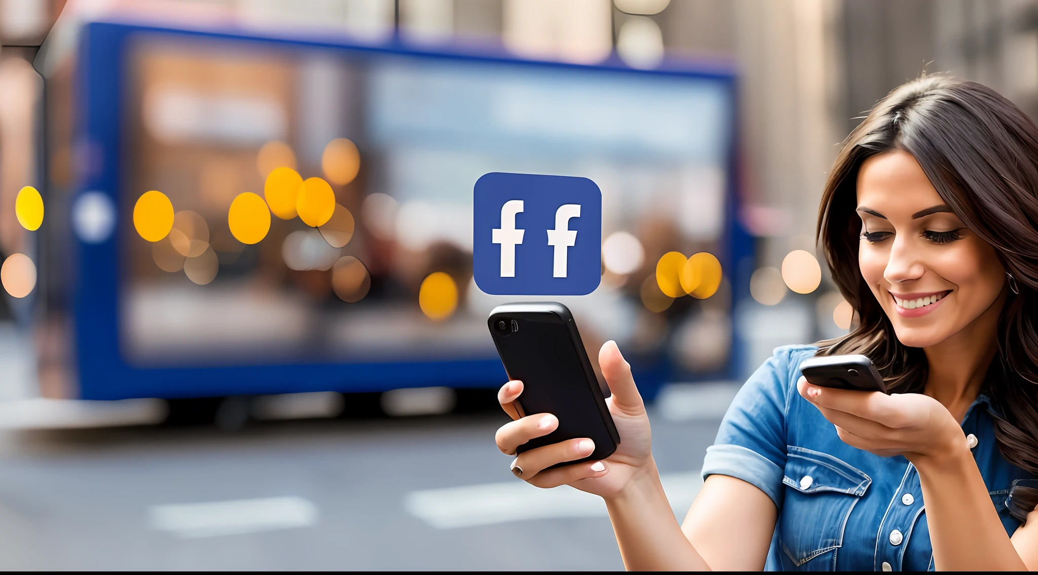 Creates an image with a background in New York City, create a second image as it were a social network ad facebook, a beautiful brunette woman, age 30 years, realistic, holding a cell phone in her hands, and on the cell phone appearing a facebook ads ad. --auto --s2