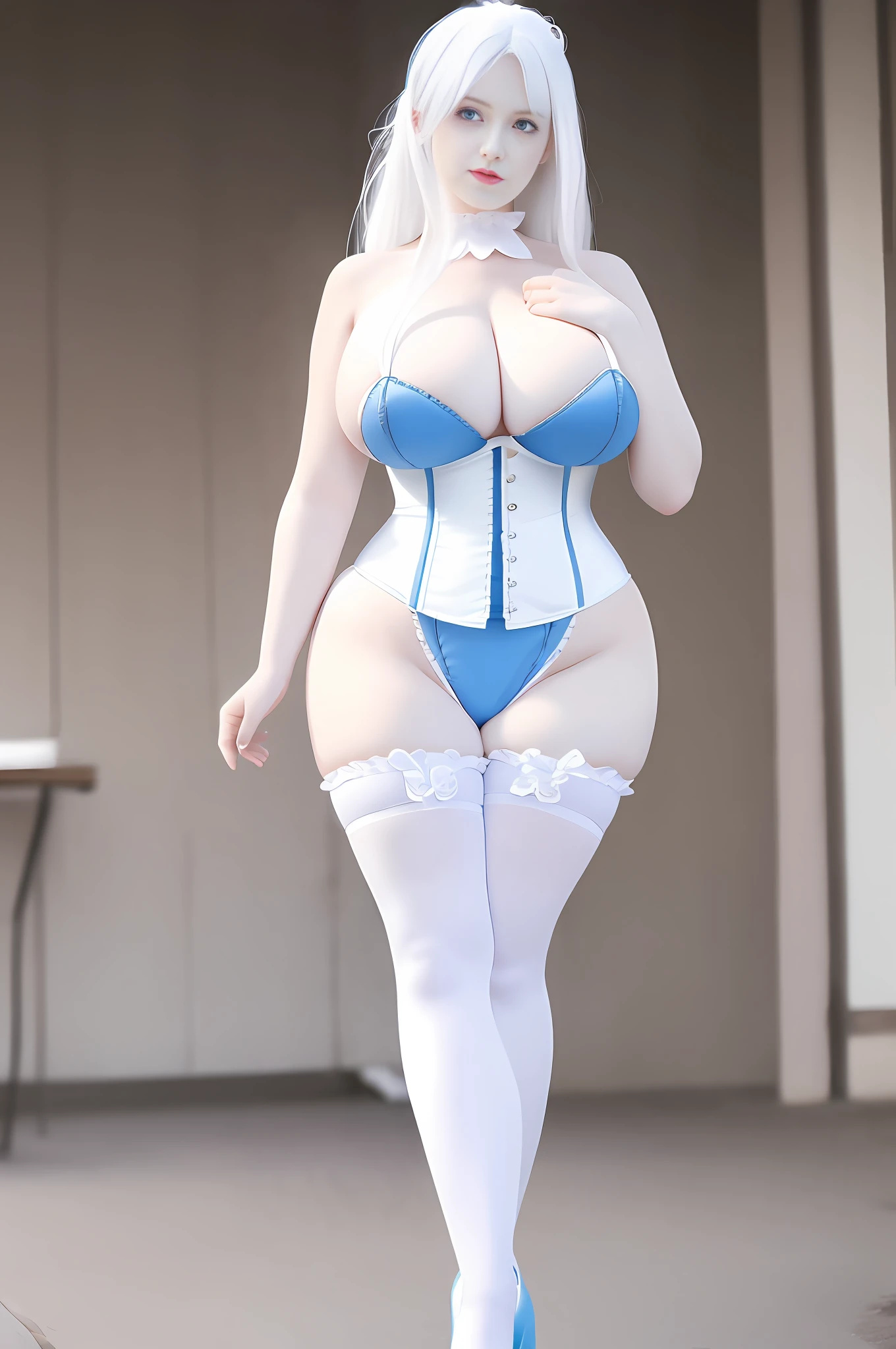 Ultra-realistic 8k CG, beautiful girl, breasts, white hair, blue eyes, puffiness, NSFW, plump body, corset, fleshy thighs, white patterned stockings, high heels, full body, looking at the audience, symmetry