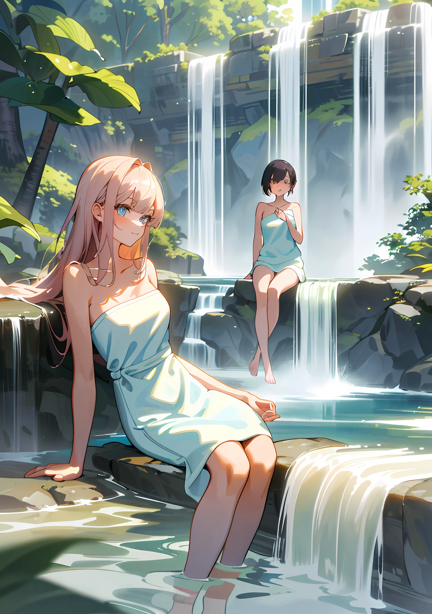 "Gorgeous, high quality, highly detailed masterpiece with two charming girls sitting near the waterfall, bath towels, bathing. Create an inviting atmosphere. Medium breasts, (forward lean: 1.3), (beautiful slip: 1.2), stroke, look at the audience
