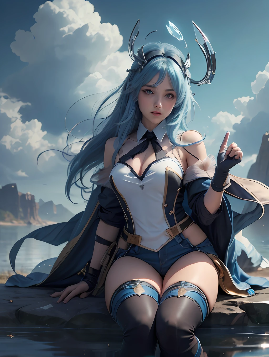 Masterpiece, Best Quality, EULA, 1 Girl, Solo, Smiling Blue Hair, With Gloves, Headband and Tie, Thigh-High Skirt, Long-sleeved Shirt and Tight Socks, Exposed Shoulders, High Looks, Yellow Eyes and Colorful Eyes, Cloak and Black Denim Thigh Height Difference Complements Mid-Hair Bangs, Copyright Name and Blue Sky Blend Perfectly, Colored Eyes Protrude Together with the Side Collarbones in the Reflection of Sky, Clouds, Water and Vision (Genshin-Impact), shoulders, thighs, costume and blush detailing is just right, black gloves and headband add mystery, and blue cape and tie make outdoor denim shots more soulful. --auto --s2