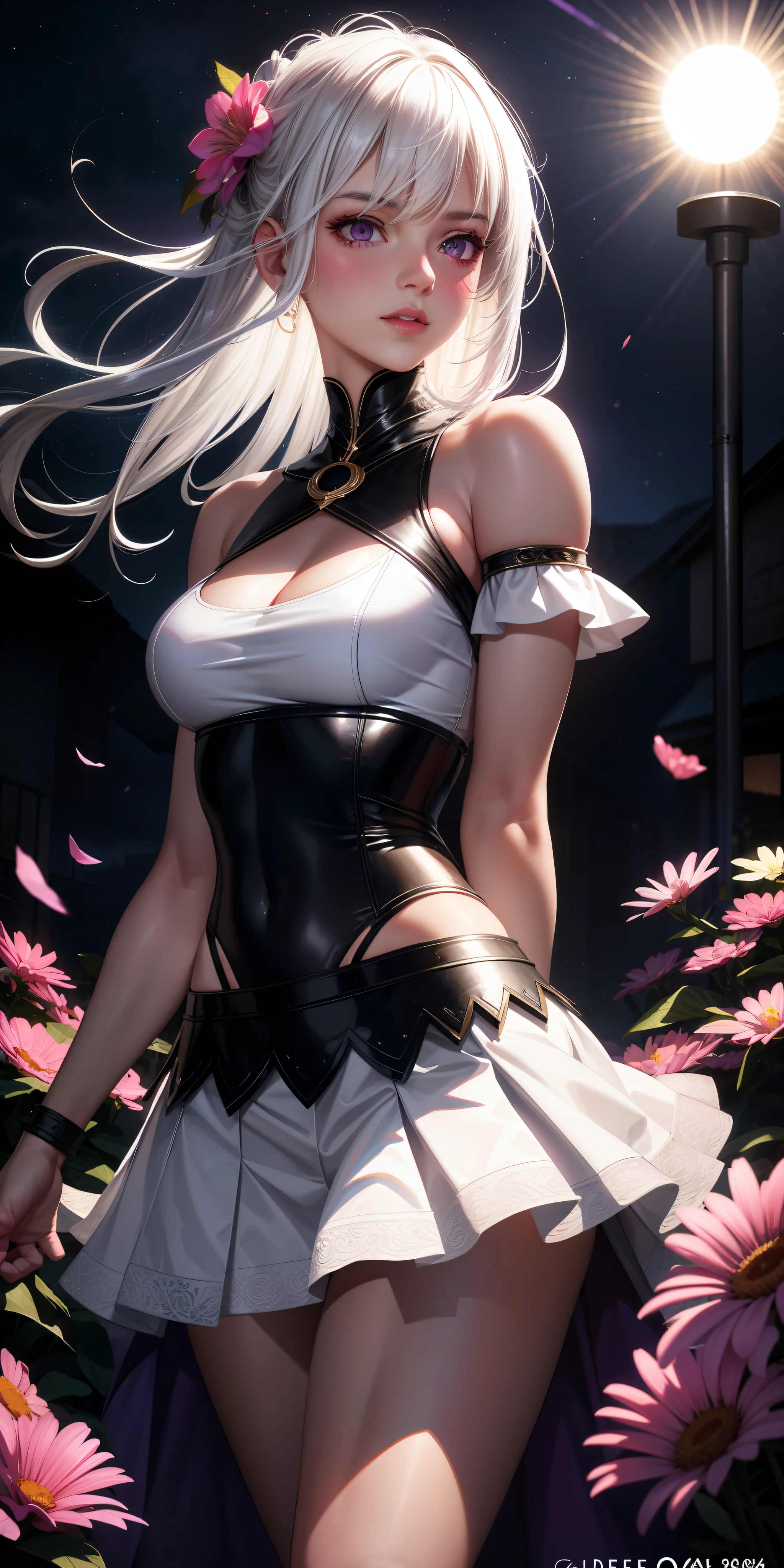 Realistic, 1girl, white hair, purple eyes, glowing eyes, cropped top, skirt, parted lips, blush, night, flowers, sun, sun, girl, muscular, nude