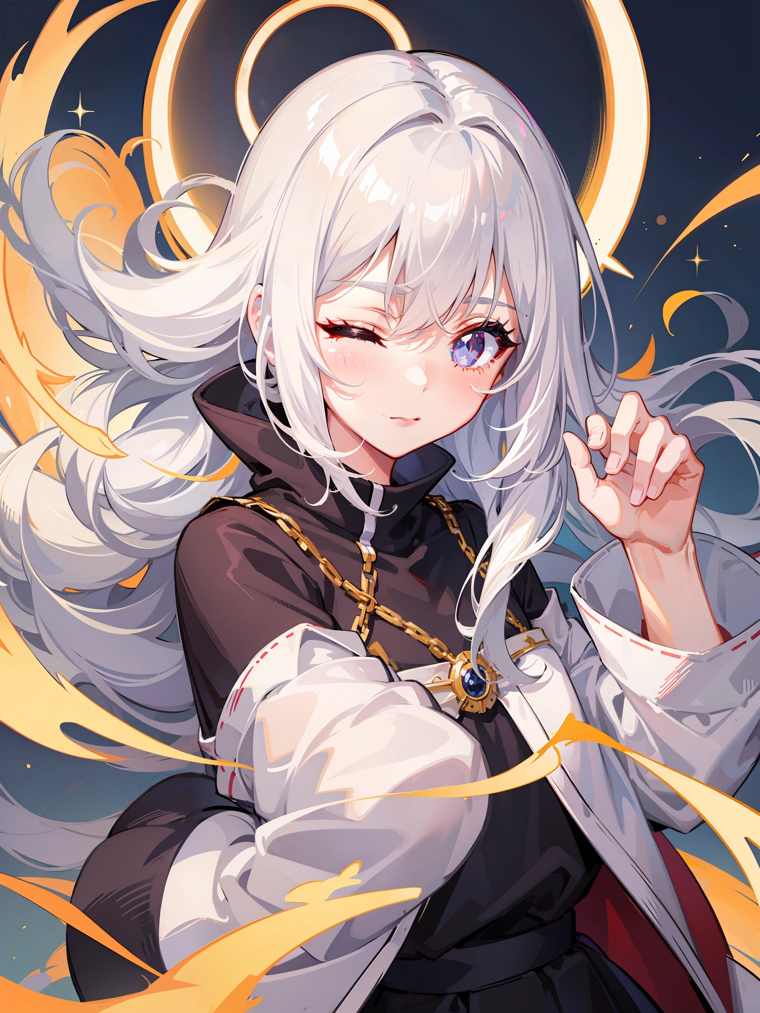 white hair, low ponytail, one eye closed, sparkling eyes, tachi-e, anime, UHD, masterpiece