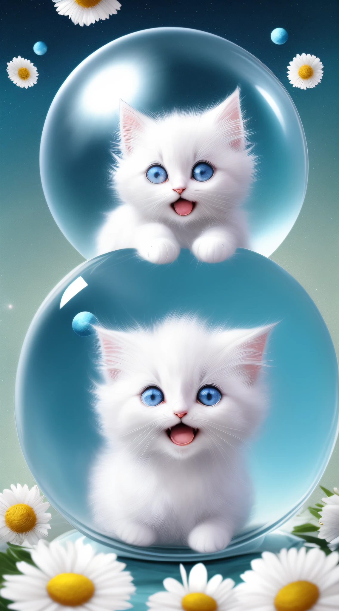 A cute fluffy white-haired kitten in a sweater, big ears, big eyes, next to flowers inside a glass ball, flowers, light blue background, Morandi color, open mouth, laughing !!!, funny, (floating in space: 1.1) jubbslineart_v2