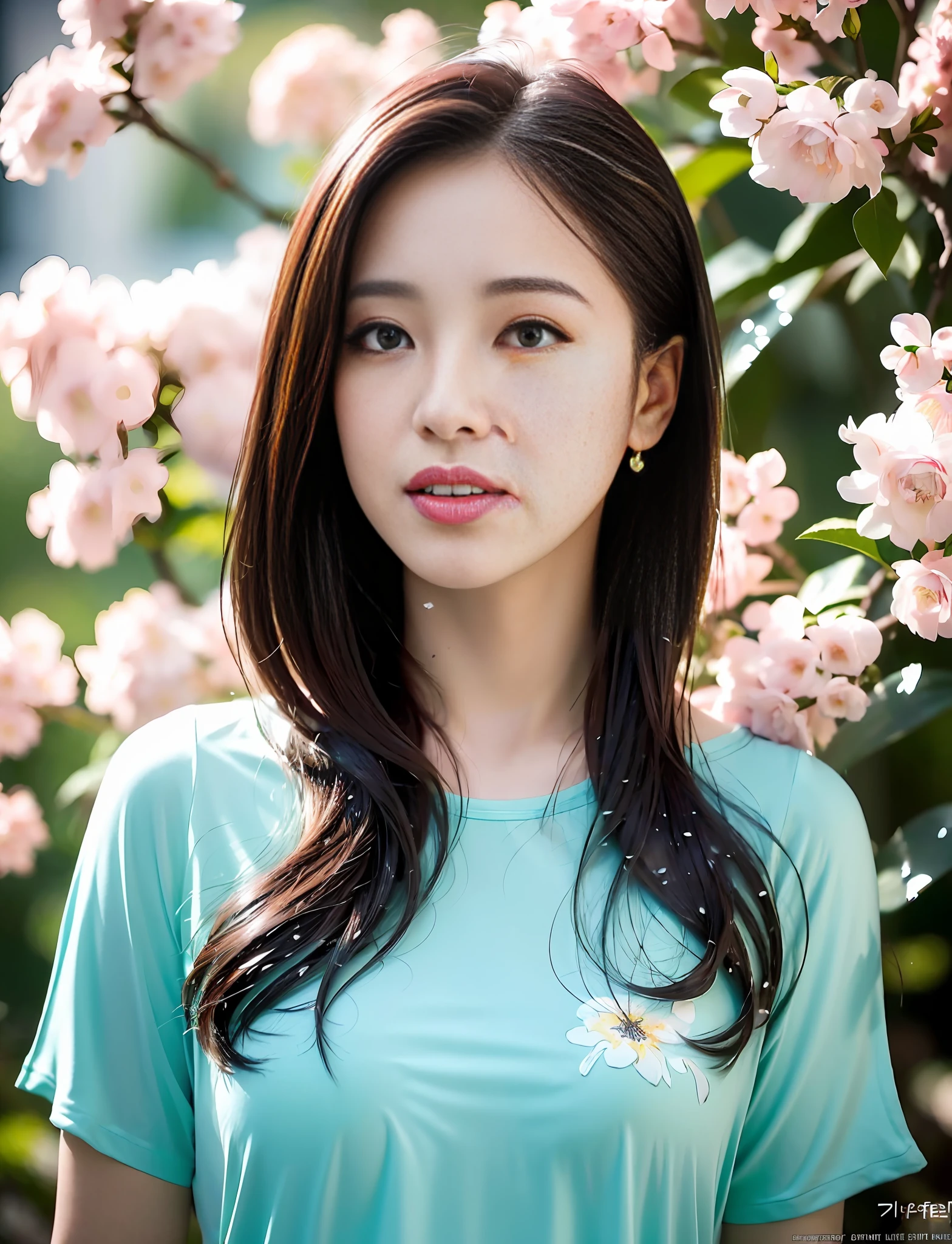 ((((Flowers splashing on the sides and background))) , mature korean woman, t-shirt design, realistic style, ((pastel tetradic color)), cute and whimsical, fantasy art, bokeh, soft lighting, camera face view, retro aesthetic, focusing on characters, 4K resolution, photorealistic, dynamic lighting, art station, poster, volumetric lighting, very detailed face, camera face, focus on face, life expression, pink lipstick