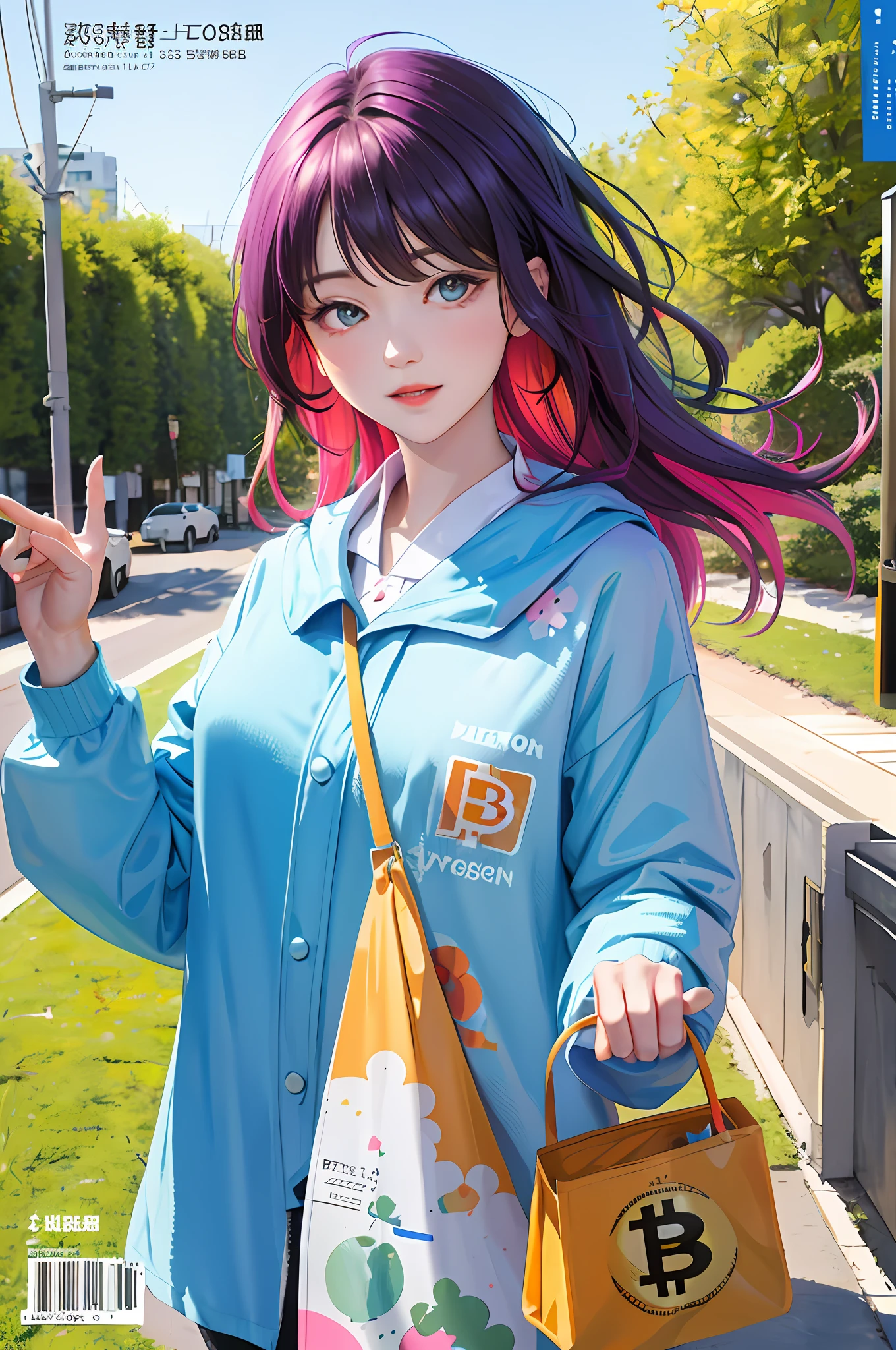 masterpiece, best quality, spring outfit, colorful hair, outdoor, magazine cryptocurrency cover,bitcoin,satoshi,upper body,bitcoin printed ,