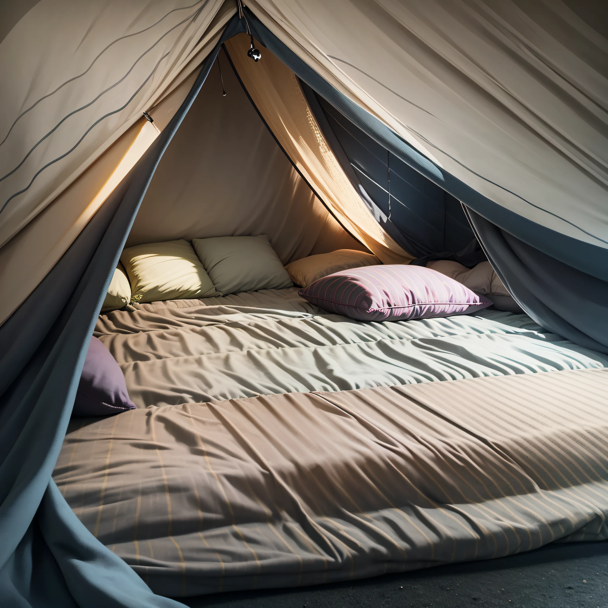 dark room, uninhabited, dirty futon, front camera angle from bottom to top, small room, straight ahead, triangle tent --s --auto --s2
