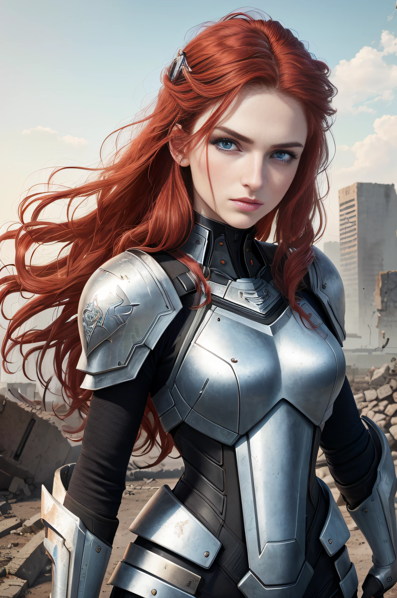 A Valkyrie, (long crimson hair, big waves: 1.5), (melon face: 1.3), (royal sister: 1.5), (8K, best quality: 1.2), (masterpiece: 1.2), (ultra-high resolution: 1.5), (white knight armor: 1.5), (gorgeous armor: 1.2), (high definition: 1.2), (blue eyes: 1.5), (highly detailed photos: 1.2), (Central European mixed beauty: 1.5), (Serious Expression: 1.2), (Young: 1.5), (Real Face Details Close-up: 1.5), (Real Skin Details: 1.6), (3D: 1.4), (Cyberpunk: 1.1), (Doomsday City Ruins Background: 1.1), (Photo Texture: 1.4), (Realistic: 1.3), (Small Mouth: 1.3), (Soft Face Contours: 1.3), (Face Portraits: 1.3)