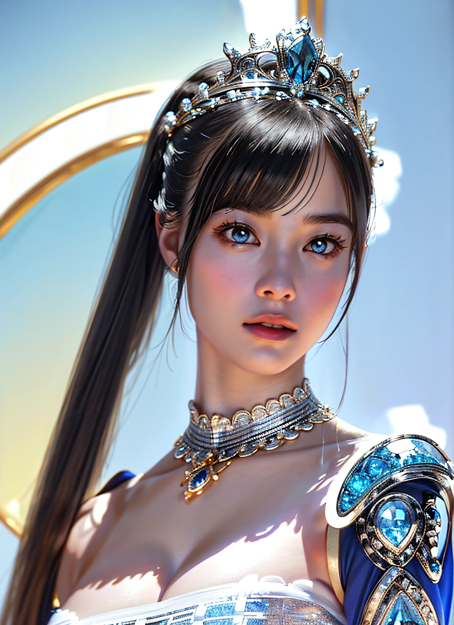 Ultra detailed complex 3D rendering of face, (big breasts: 6.8), glamour shot full body image, huge breasts, red bra, long hair, viewer show, , parted lips, (shiny skin),((Realistic lighting, top quality, 8K, masterpiece: 1.3)), Clear Focus: 1.2, 1 girl, Perfect figure: 1.4, , (cleavage), intricate details, Ultra detailed complex 3d rendering of beautiful porcelain profile face, light effects, jeweled super detailed big crown: 2.2), big,, (bra blue), sexy swimsuit, (surreal), (high resolution), (8K), (very detailed), (beautiful detailed eyes), (best quality), (super detailed), (ultra detailed), jewels with intricate details (), (ornate blue armor: 1.3), 1 girlSolo, Long Hair, Wind, Gorgeous Face, Top Quality, Masterpiece, Maximum Detail, Diffused Lighting, (Black Hair: 1.3), Valhalla Valkyrie, Mechanical Arm, Beauty, Facial Muscles