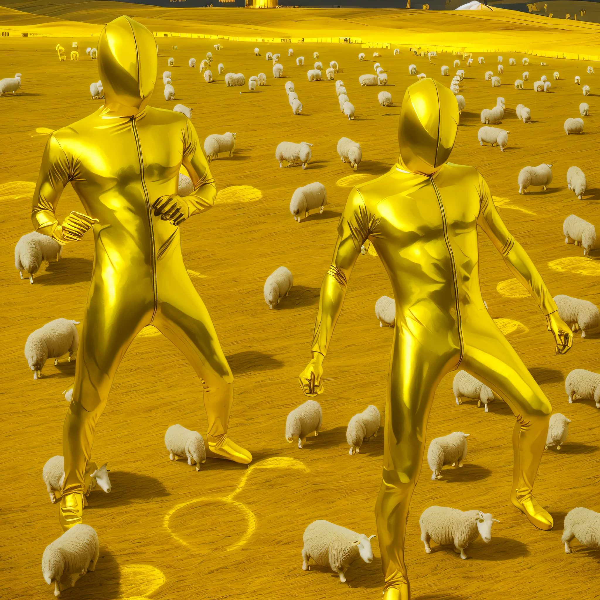 there are two men in yellow suits standing in a field of sheep, on an alien grassland, dreaming of electric sheep, human farm, wearing shiny gold catsuit, gold clothes, golden bodypaint, electric sheep, human lamb hybrid, yellow space suit, energetic beings patrolling, cloning spell, gold skin, skintight suits, looming over a horde of gold