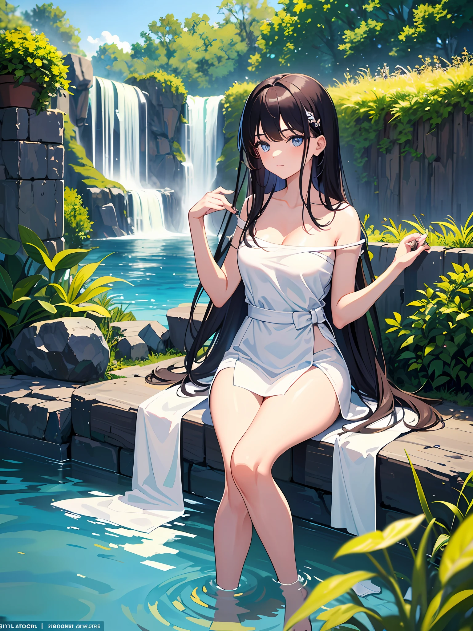 (Masterpiece: 1.2, top quality), (Beautiful eye details: 1.2), gorgeous, high quality, highly detailed masterpiece with two charming girls sitting near the waterfall, bath towels, bathing. Create an inviting atmosphere. Medium breasts, (forward tilt: 1.3), (beautiful slip: 1.2), strokes, looking at the viewer, (very detailed and beautiful: 1.1), (perfect details: 1.1), from the side,