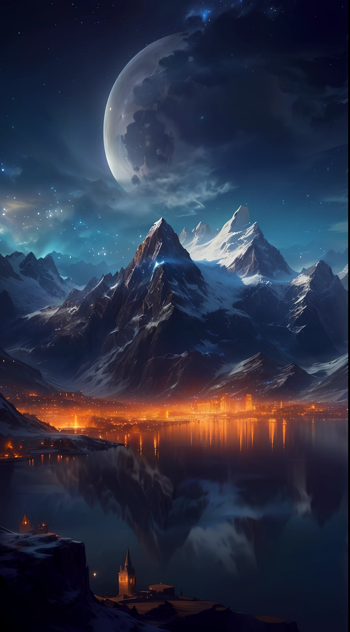 Mountains and lakes with moon in the sky, city at the foot of mountains emitting lasers of various colors, 4K highly detailed digital art, 4K HD wallpaper very detailed, impressive fantasy landscape, sci-fi fantasy desktop wallpaper, Unreal Engine 4k wallpaper, 4k detailed digital art, sci-fi fantasy wallpaper, epic dream fantasy landscape, 4K HD matte digital painting, 8K stunning artwork