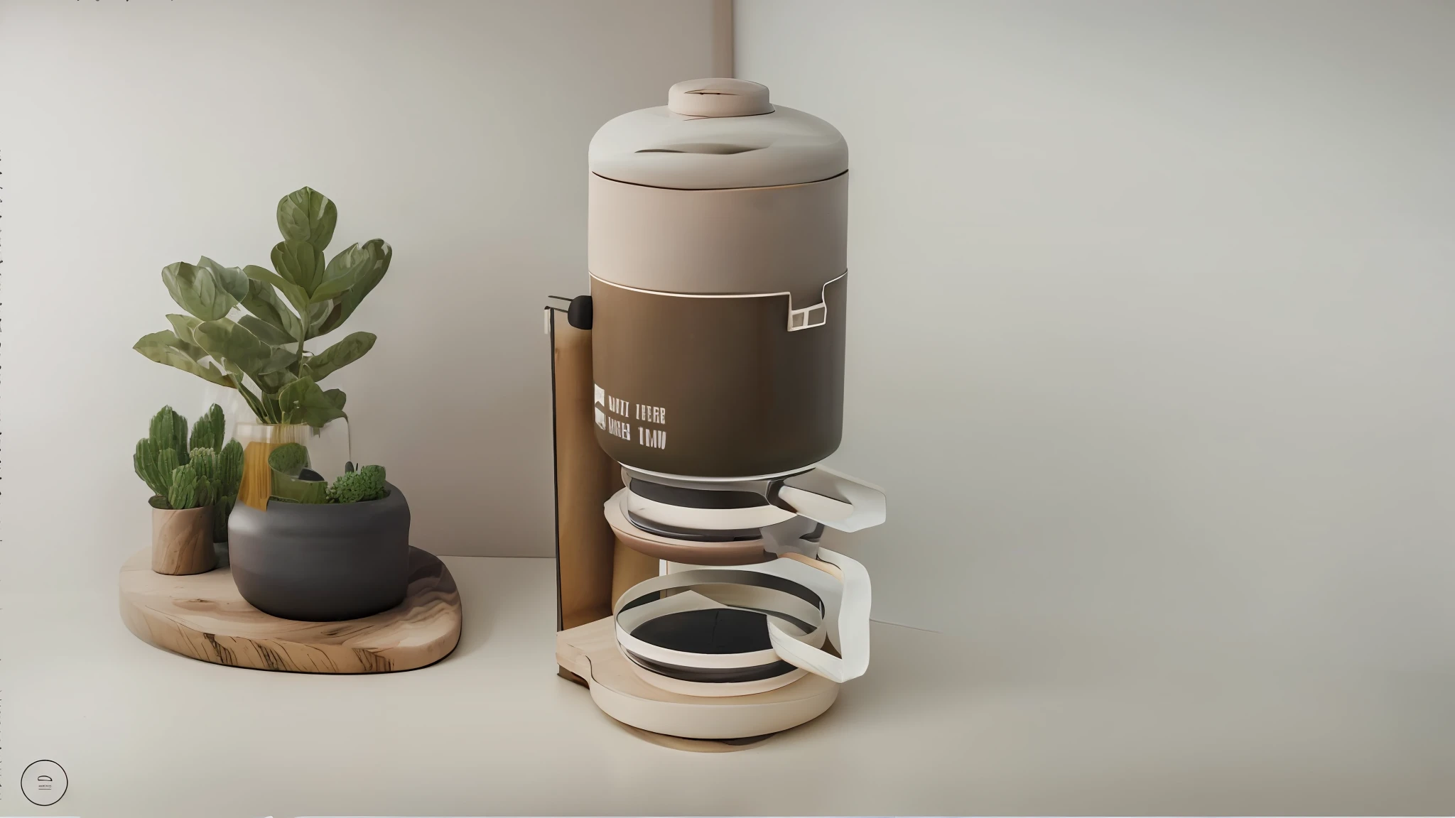Simple Nordic style table with products and a pot of greenery, scene photography, product design rendering, photorealistic octane rendering, product promotional image,