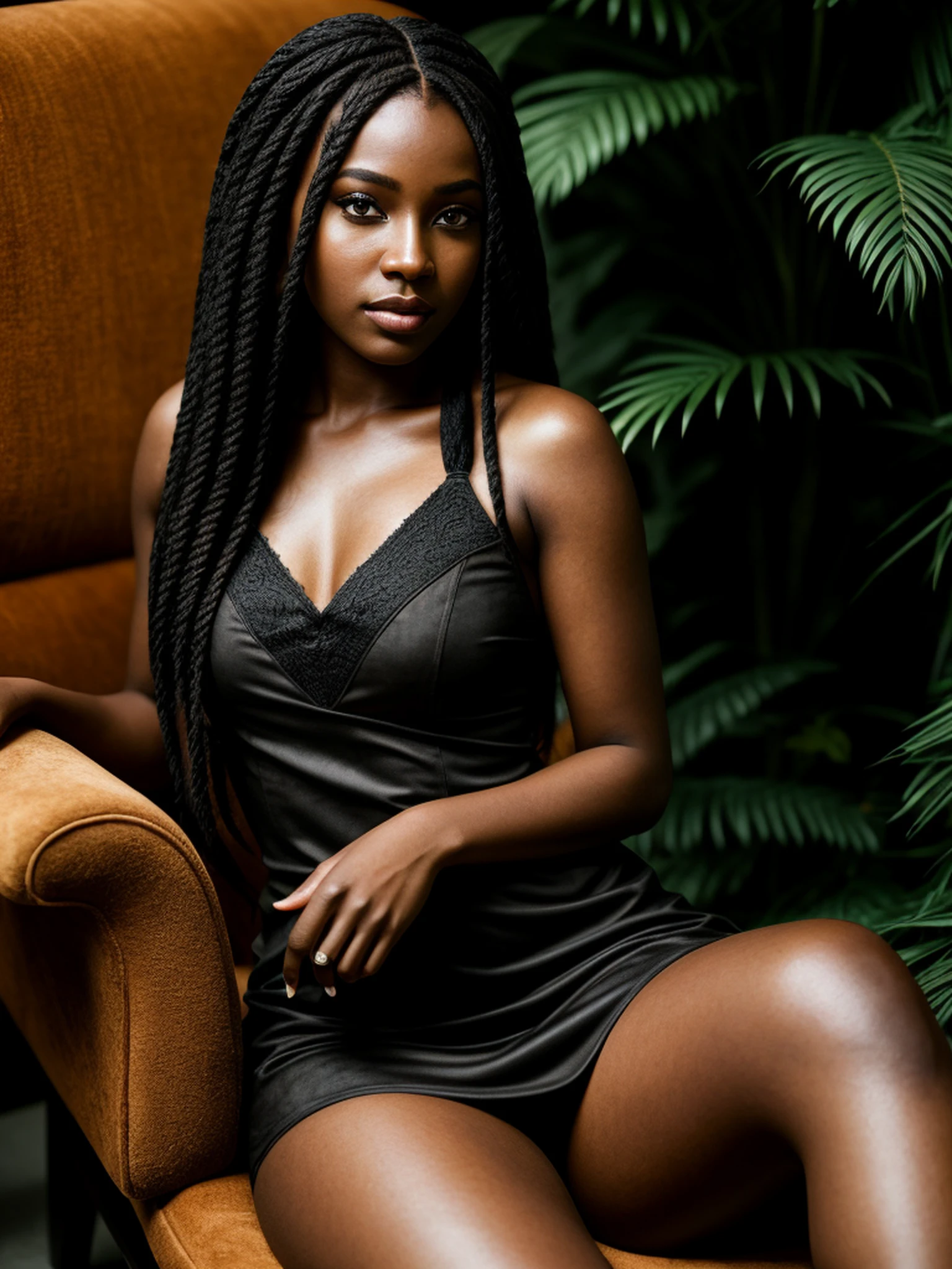 full body photo of a black 27 year old woman in luxurious art studio, dressed in elegant suede wear, braided hair, sitting in couch, Equatorial forest-esque, ebony-esque, natural african clear smooth skin texture, wide shot, 4k textures, soft cinematic light, RAW photo, photorealism, photorealistic, intricate, elegant, highly detailed, sharp focus, ((((cinematic look)))), soothing tones, insane details, intricate details, hyperdetailed, low contrast, soft cinematic light, rich saturated colors, exposure blend, hdr, faded