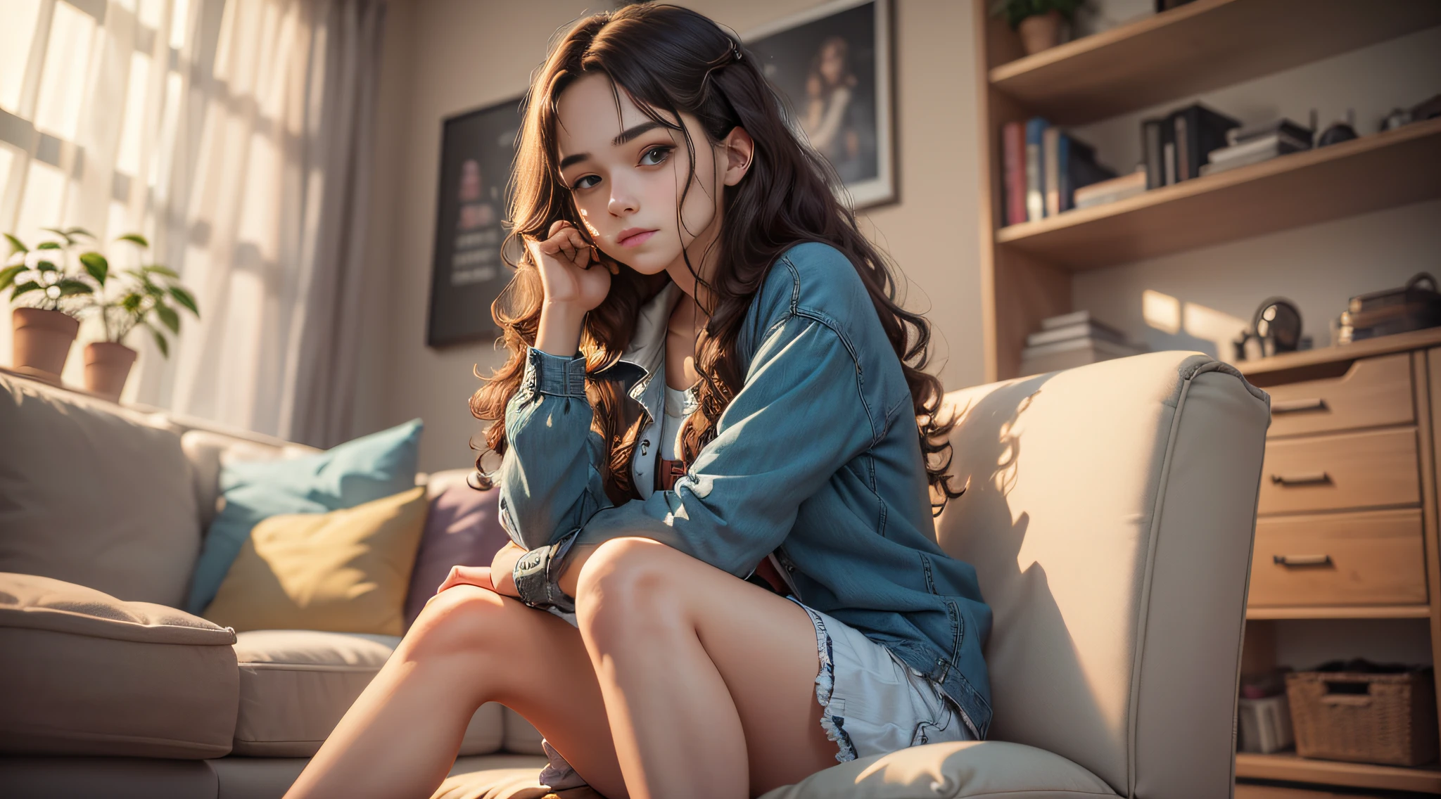 Girl sitting on chair with hands on her legs, expression sad, sad: 1.6, living room in background, (girl: 23 years old, curly, long hair, brunette hair, casual wear, slim), stereogram, anime, UHD, textured skin, high quality, high detail --auto --s2
