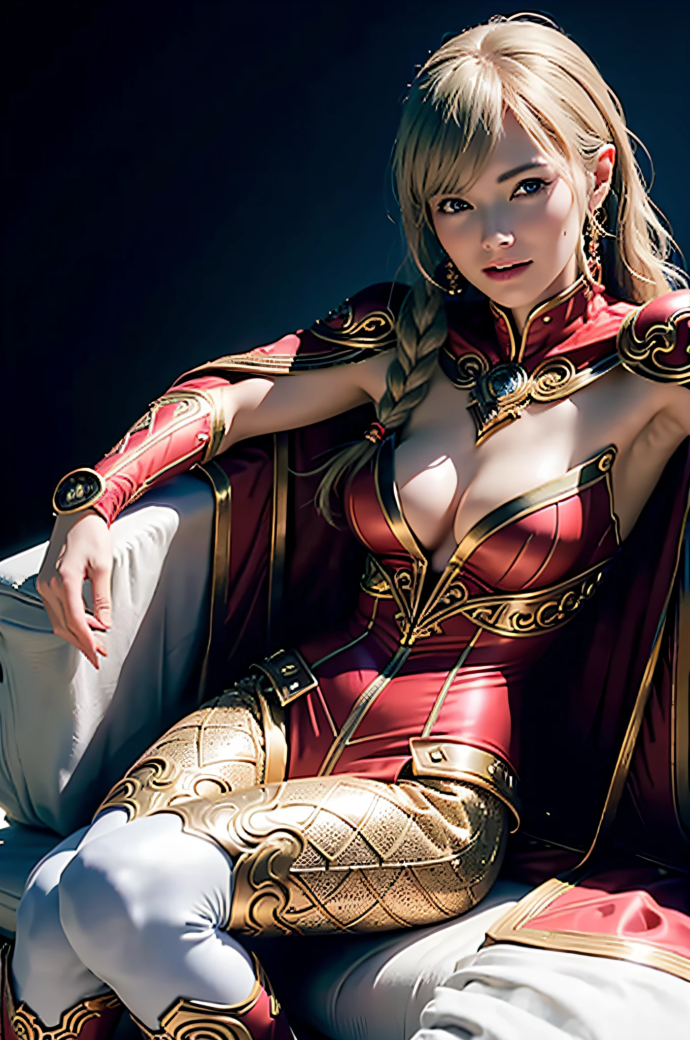 (Photorealistic: 1.5), ultra-detailed complex 3D rendering of face, (big: 6.8), ultra-detailed beautiful (with complex 3d rendering), full body image (masterpiece, top quality, octane rendering, 8K), glamour shots, very beautiful young elves, cleavage, swimsuit, one, micro bikini, long braided blonde hair, blonde hair only, big breasts, Wearing intricate super armor in gold and white and red, ultra-realistic photo ((((portrait))), wearing an intricate red cape, wearing intricate white metal leggings on the legs, futuristic urban background, facial muscles, in the style of Marvel Comics, ArtStation trends, clear focus, studio photography, intricate detail, highly detailed, detailed eyes, illustration, very detailed, Sharp Focus, Digital Rendering, Professional