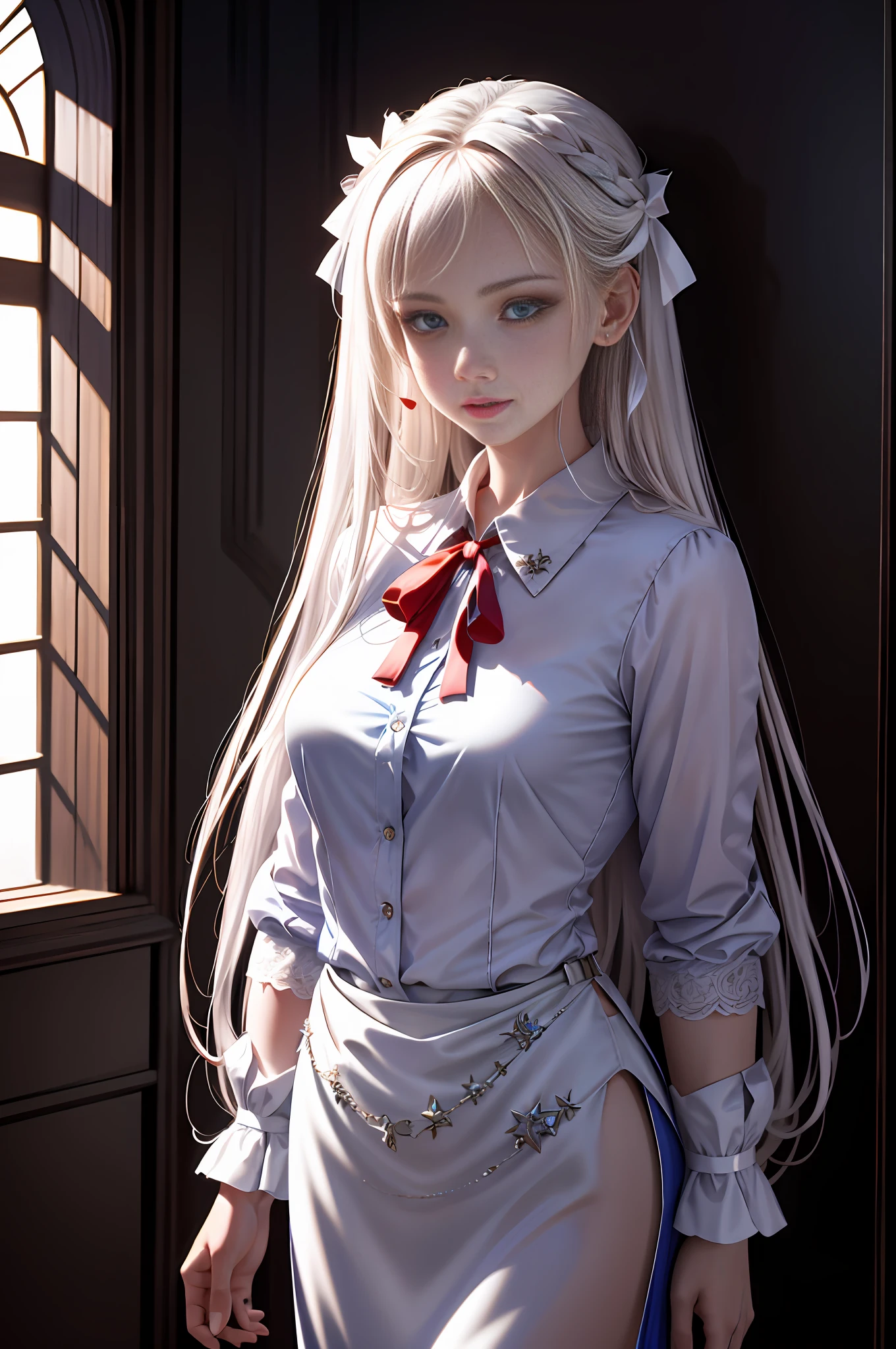 (detailed beautiful eyes and detailed face, masterpiece side light, masterpiece, best quality, detailed, high resolution illustration), (1 girl, beautiful girl, shiny skin), (flowing white hair, blue eyes, red skirt, ribbon, button shirt), empty background, (standing)