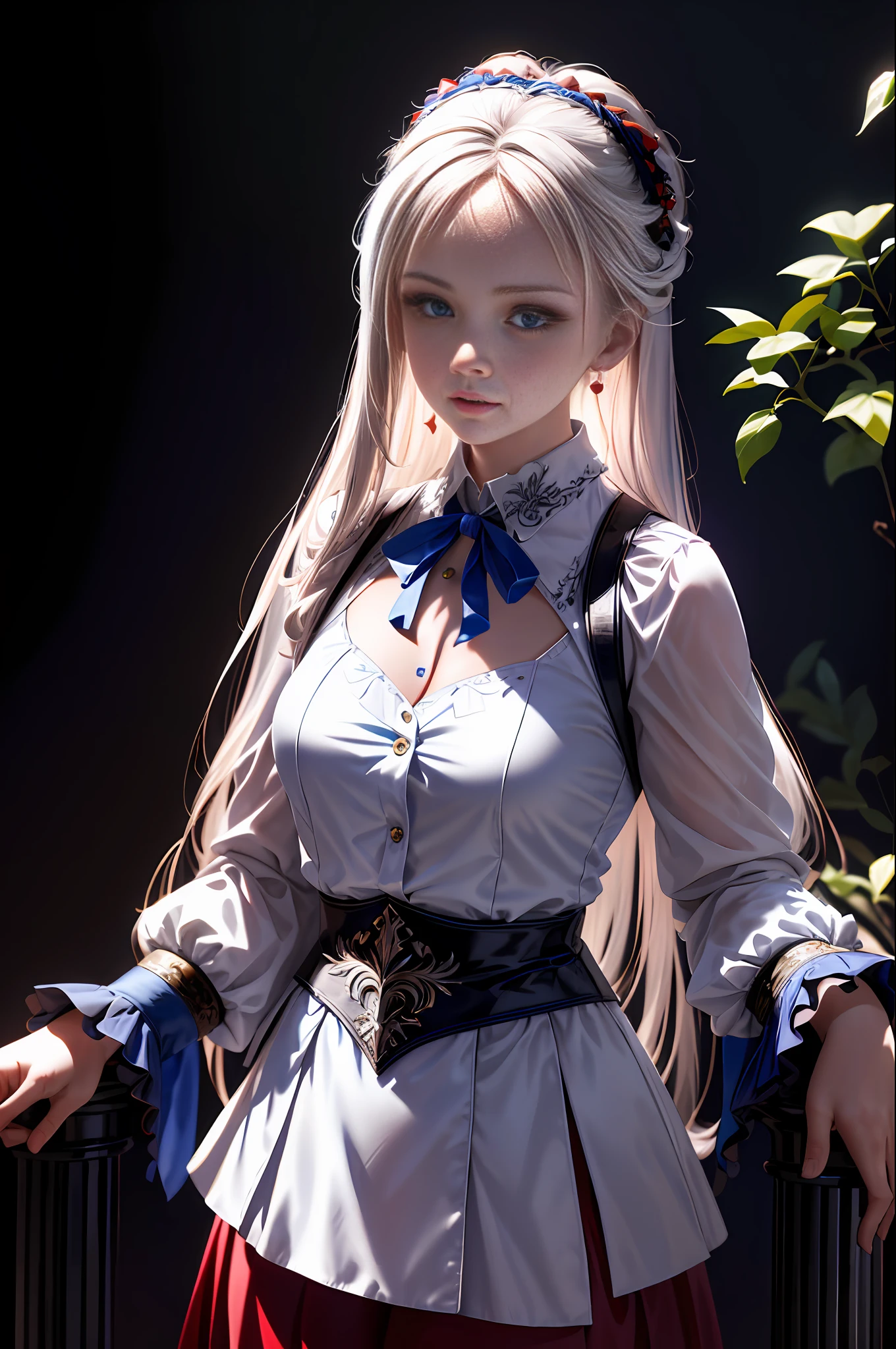 (detailed beautiful eyes and detailed face, masterpiece side light, masterpiece, best quality, detailed, high resolution illustration), (1 girl, beautiful girl, shiny skin), (flowing white hair, blue eyes, red skirt, ribbon, button shirt), empty background, (standing)
