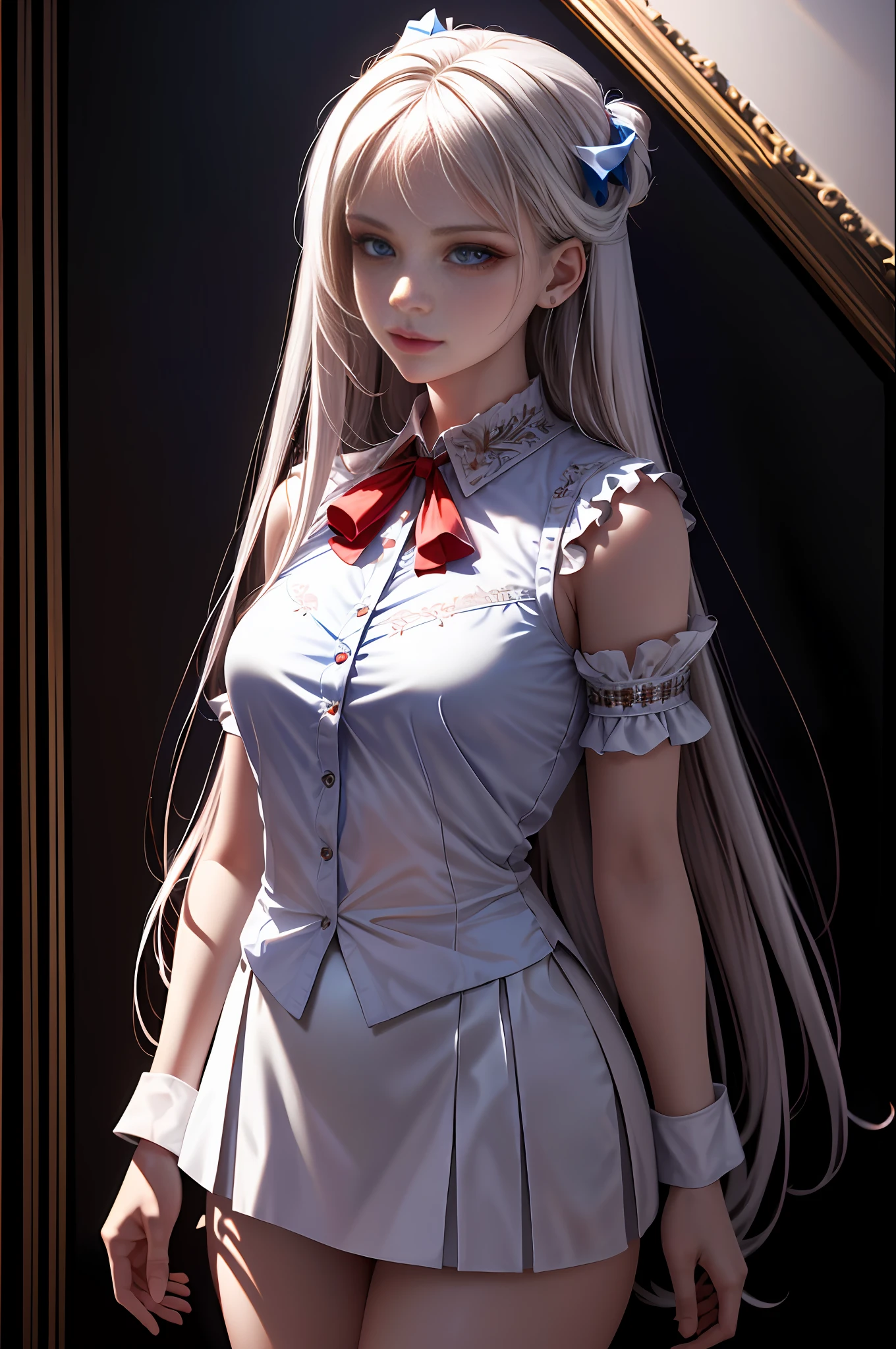 (detailed beautiful eyes and detailed face, masterpiece side light, masterpiece, best quality, detailed, high resolution illustration), (1 girl, beautiful girl, shiny skin), (flowing white hair, blue eyes, red skirt, ribbon, button shirt), empty background, (standing)