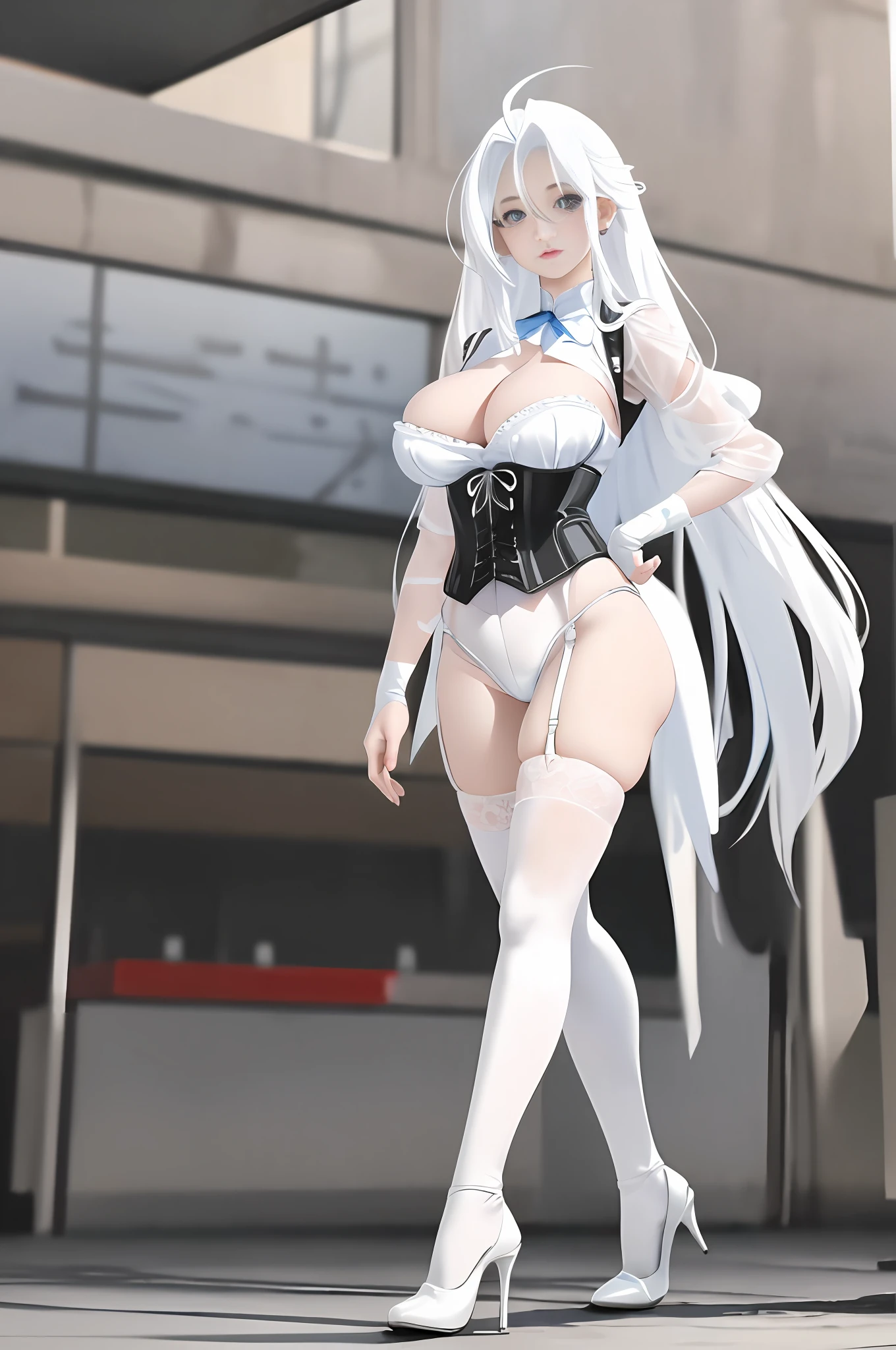 Ultra-realistic 8k CG, beautiful girl, breasts, white hair, blue eyes, puffiness, NSFW, plump body, corset, fleshy thighs, white patterned stockings, high heels, full body, looking at the audience, symmetry