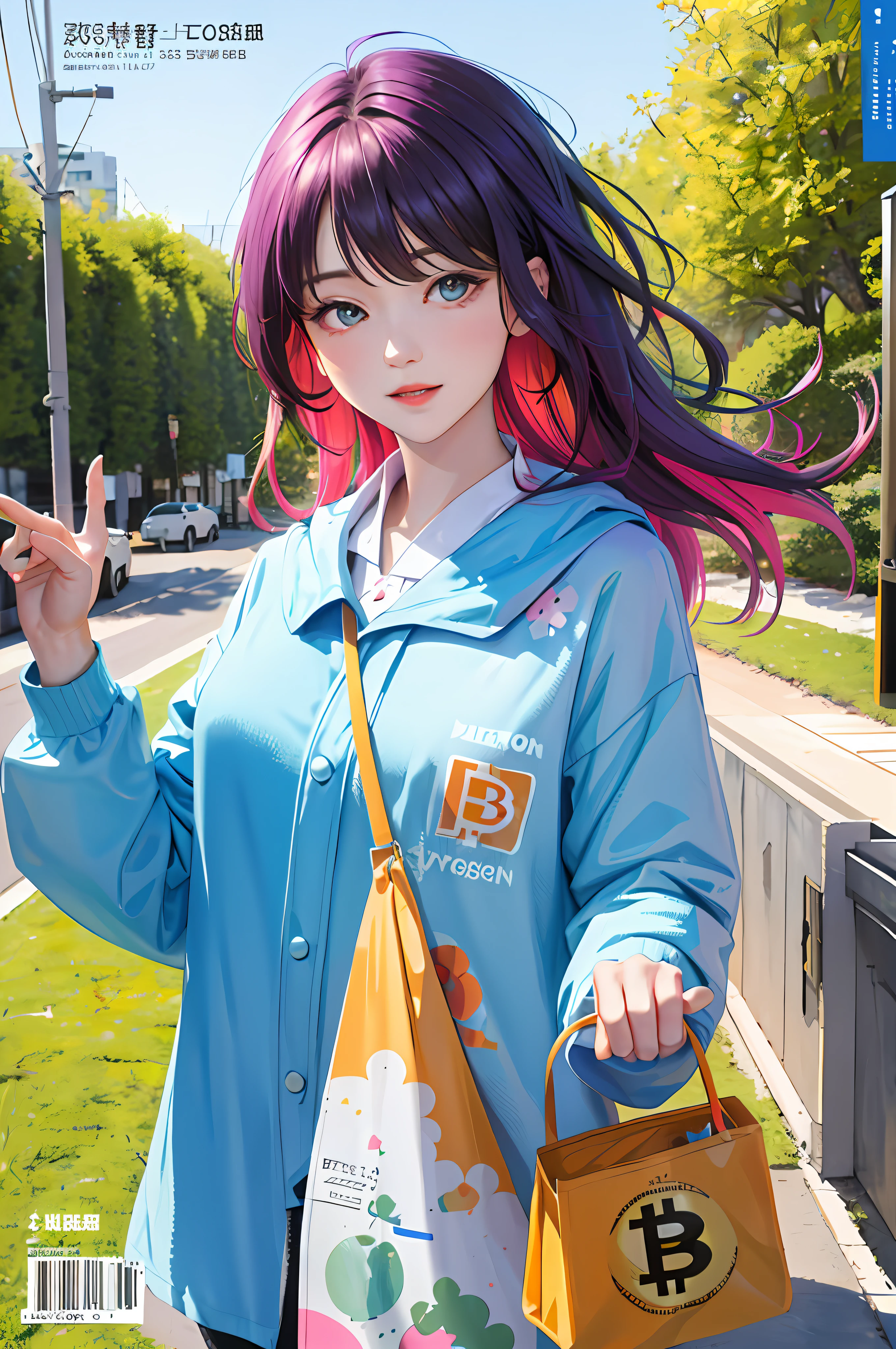 masterpiece, best quality, spring outfit, colorful hair, outdoor, magazine cryptocurrency cover,bitcoin,satoshi,upper body,bitcoin printed ,