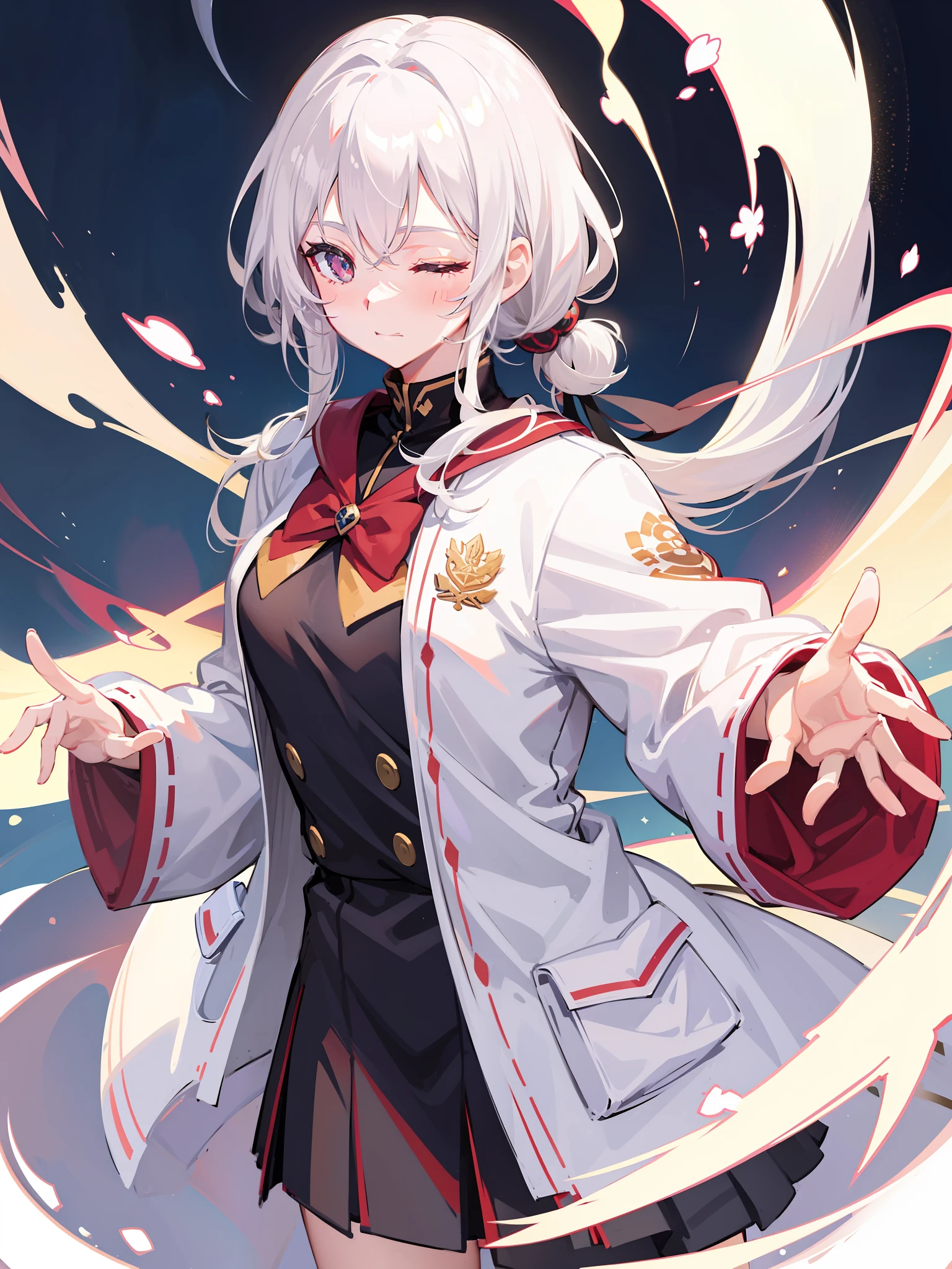 White hair, low ponytail, one eye closed, sparkling eyes, tachi-e, anime, UHD, masterpiece, JK uniform