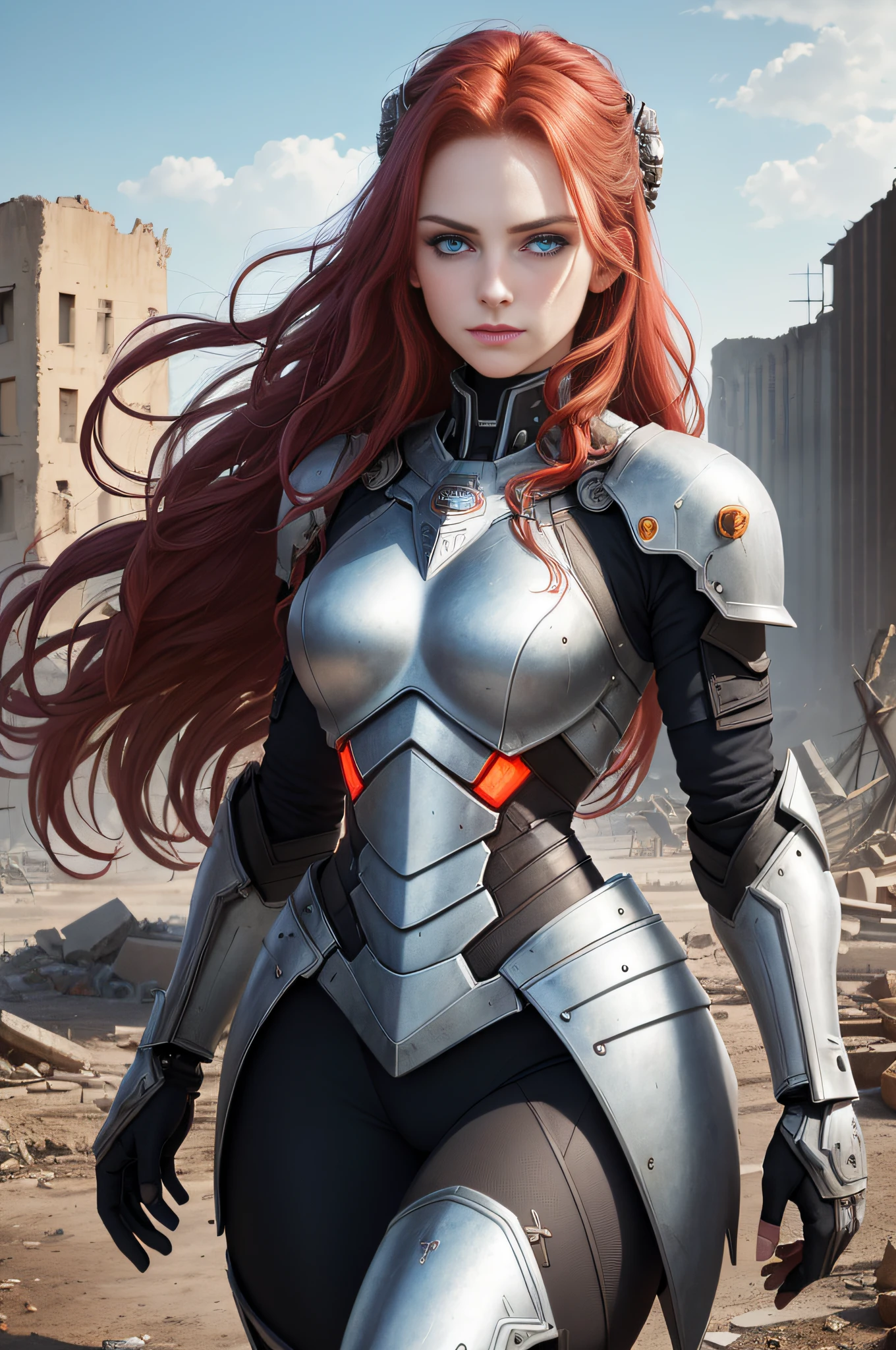 A Valkyrie, (long crimson hair, big waves: 1.5), (melon face: 1.3), (royal sister: 1.5), (8K, best quality: 1.2), (masterpiece: 1.2), (ultra-high resolution: 1.5), (white knight armor: 1.5), (gorgeous armor: 1.2), (high definition: 1.2), (blue eyes: 1.5), (highly detailed photos: 1.2), (Central European mixed beauty: 1.5), (Serious Expression: 1.2), (Young: 1.5), (Real Face Details Close-up: 1.5), (Real Skin Details: 1.6), (3D: 1.4), (Cyberpunk: 1.1), (Doomsday City Ruins Background: 1.1), (Photo Texture: 1.4), (Realistic: 1.3), (Small Mouth: 1.3), (Soft Face Contours: 1.3), (Face Portraits: 1.3)