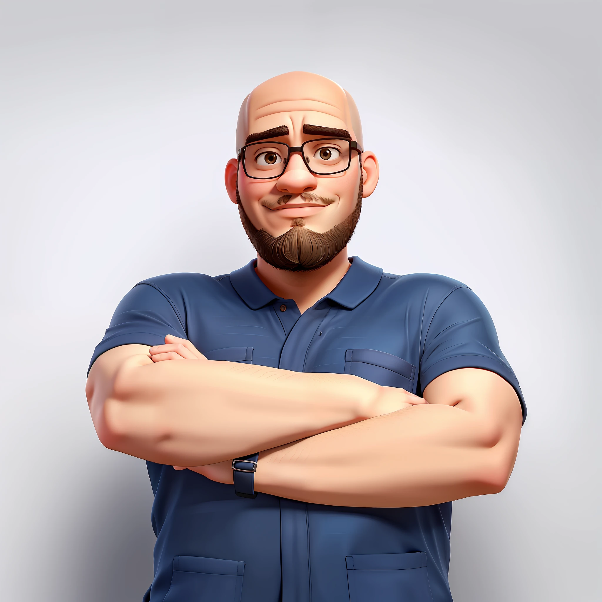 There is a young man with glasses and beard standing with his arms crossed, portrait of a bald head, a bald head with a short beard, an Asian male, a bald man, an Asian man