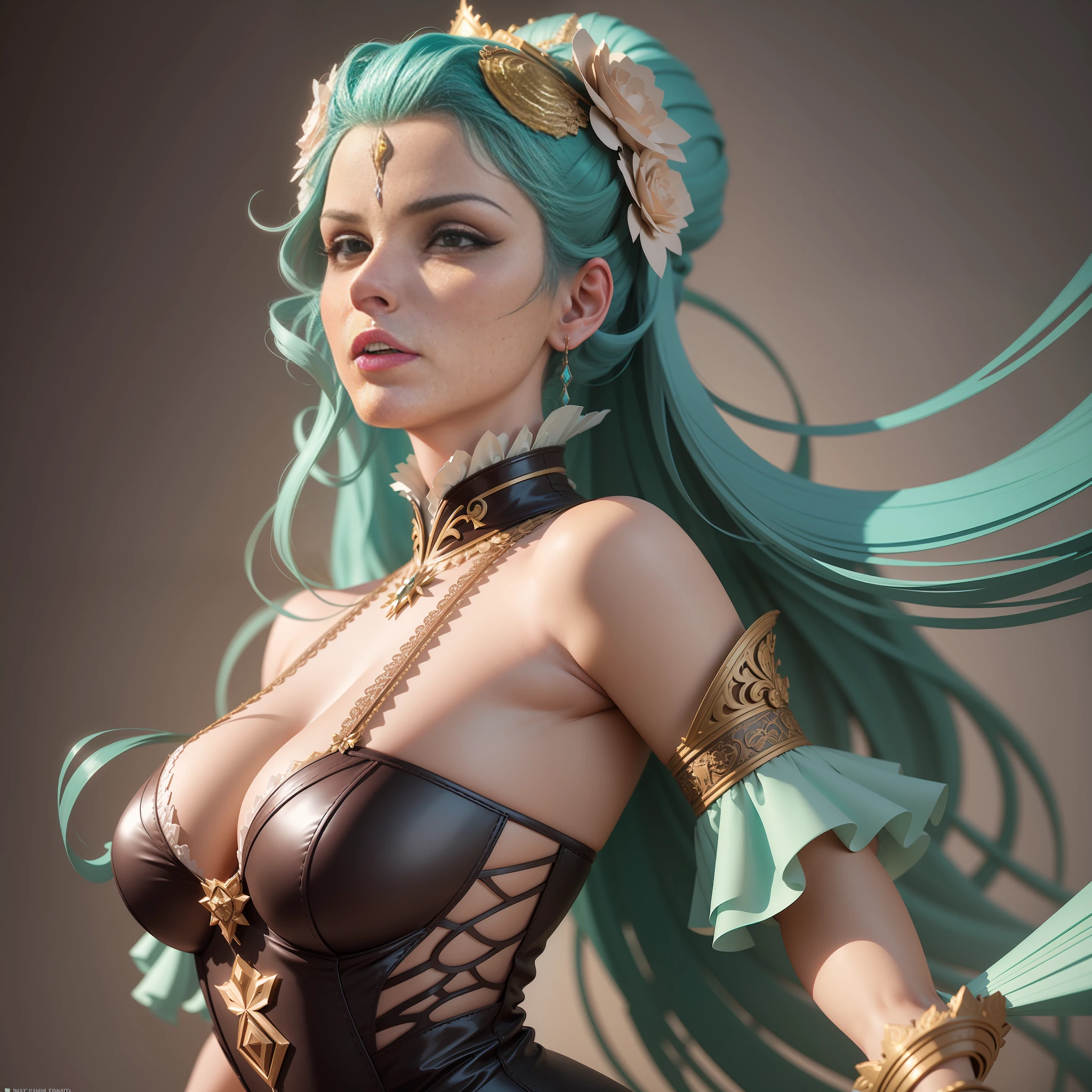 3d rendering hand cut paper of latina dominatrix in rococo pastel tones, mike campau, dmitry spiros, smooth and dynamic lines, classical balance, kinuko y style. Craftsmanship, colorful complexity