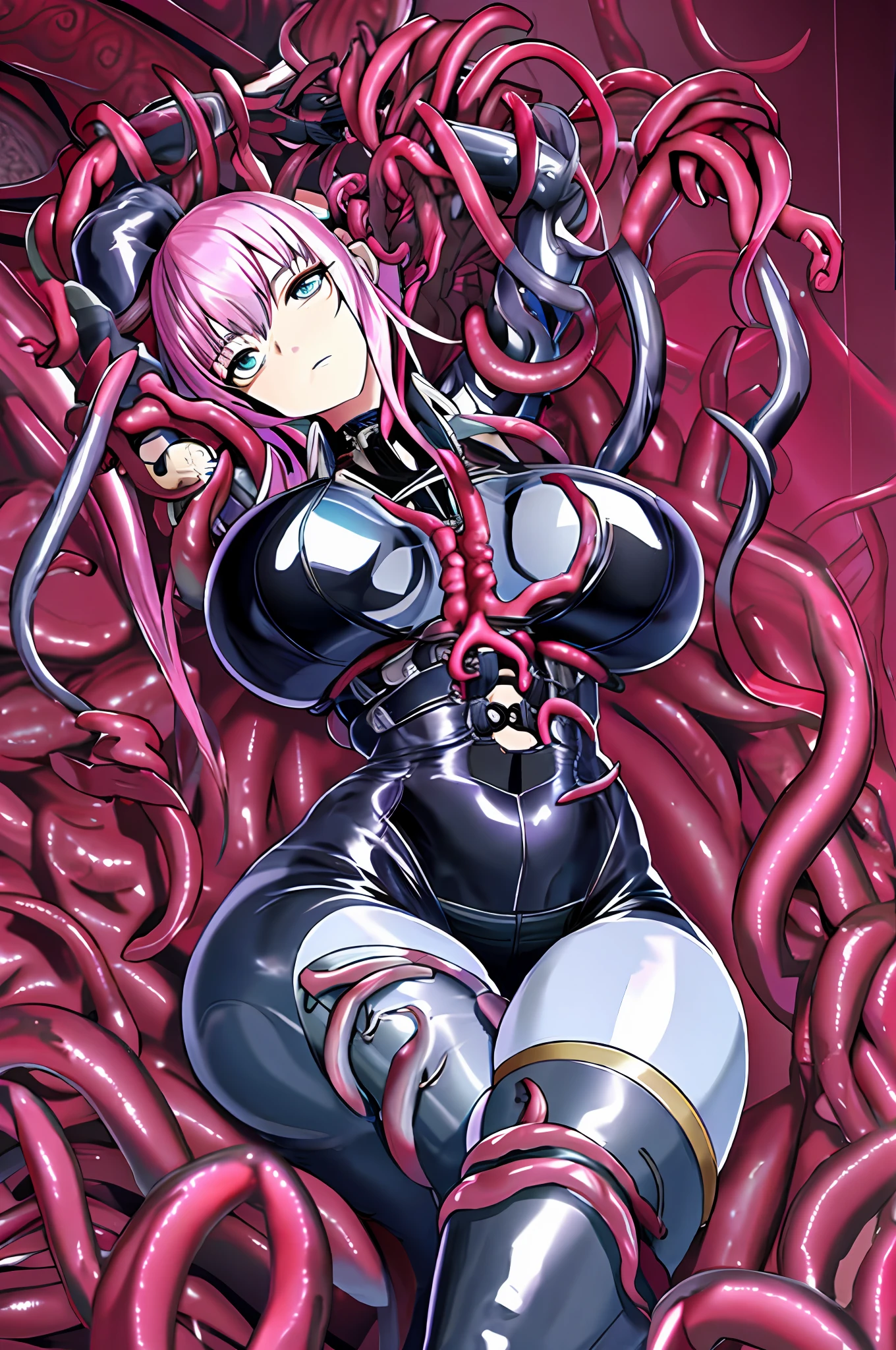 Tentacles reached into the private parts, black rubber-like belts strangled the chest, and arms were bound