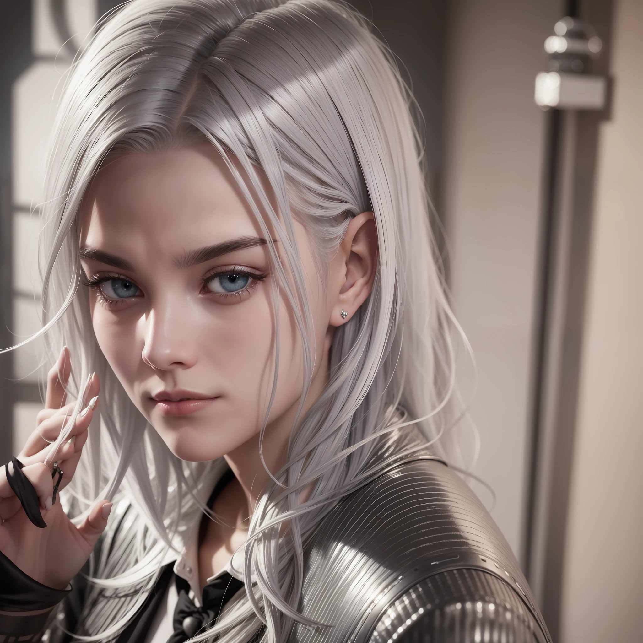 silver hair, silver hair, raised eyebrows, fingersmile, Surrealism, cinematic lighting, social media composition, from above, masterpiece --auto --s2