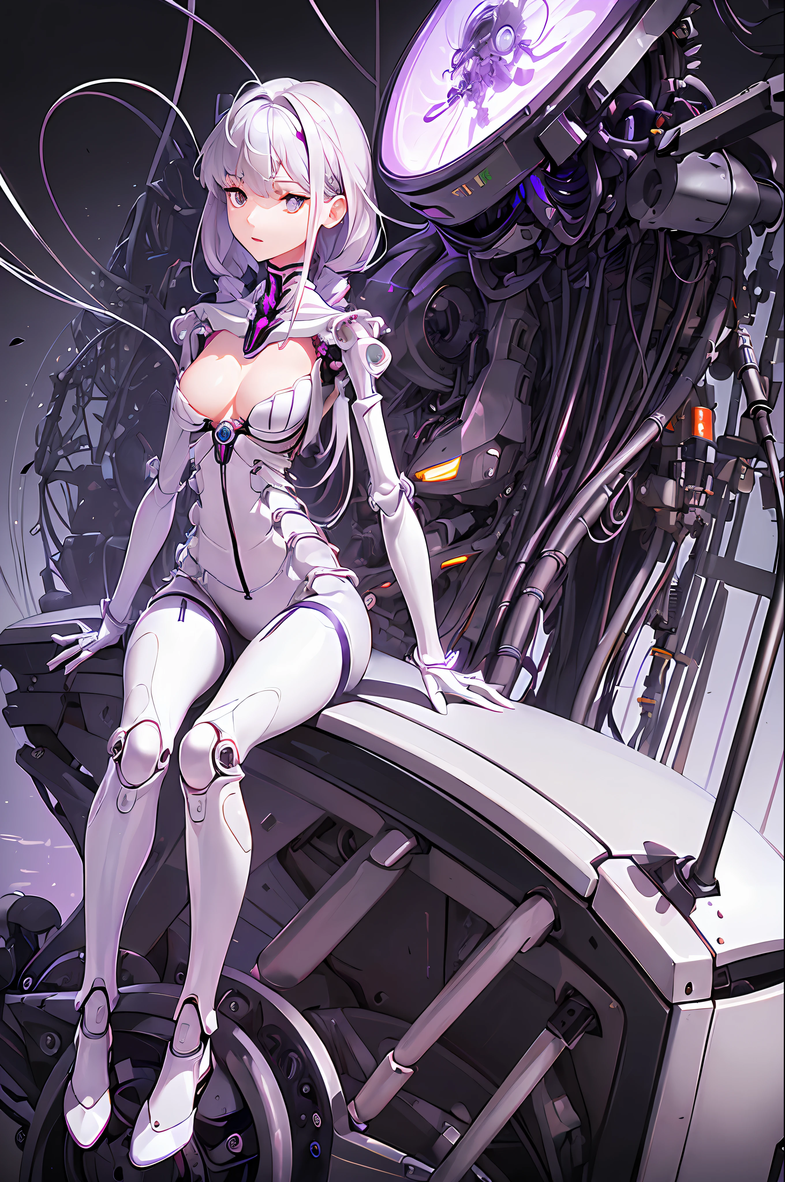 (((Masterpiece)))), (((highest quality)))), ((Ultra Definition)), (Very Detailed Photoreality), (((Very Delicate and Beautiful)), (Delicate and Pretty Face), Cinematic Light, (((1 Machine Girl)), Solo, Full Body, Big, Cleavage Is Visible Skin, White Hair, Purple Eyes, Luminous Eyes, (Mechanical Joint: 1.4), (Mechanical limbs)), (Blood vessels connected to tubes), (( Mechanical vertebrae attached to the back)), ((Mechanical cervical vertebrae) attached to the neck)), (((sitting)), expressionless, (wires and cables attached to the head and body: 1.5), (character focus), small LED lamps on the body, Evangelion, SF, metallic, detailed neon