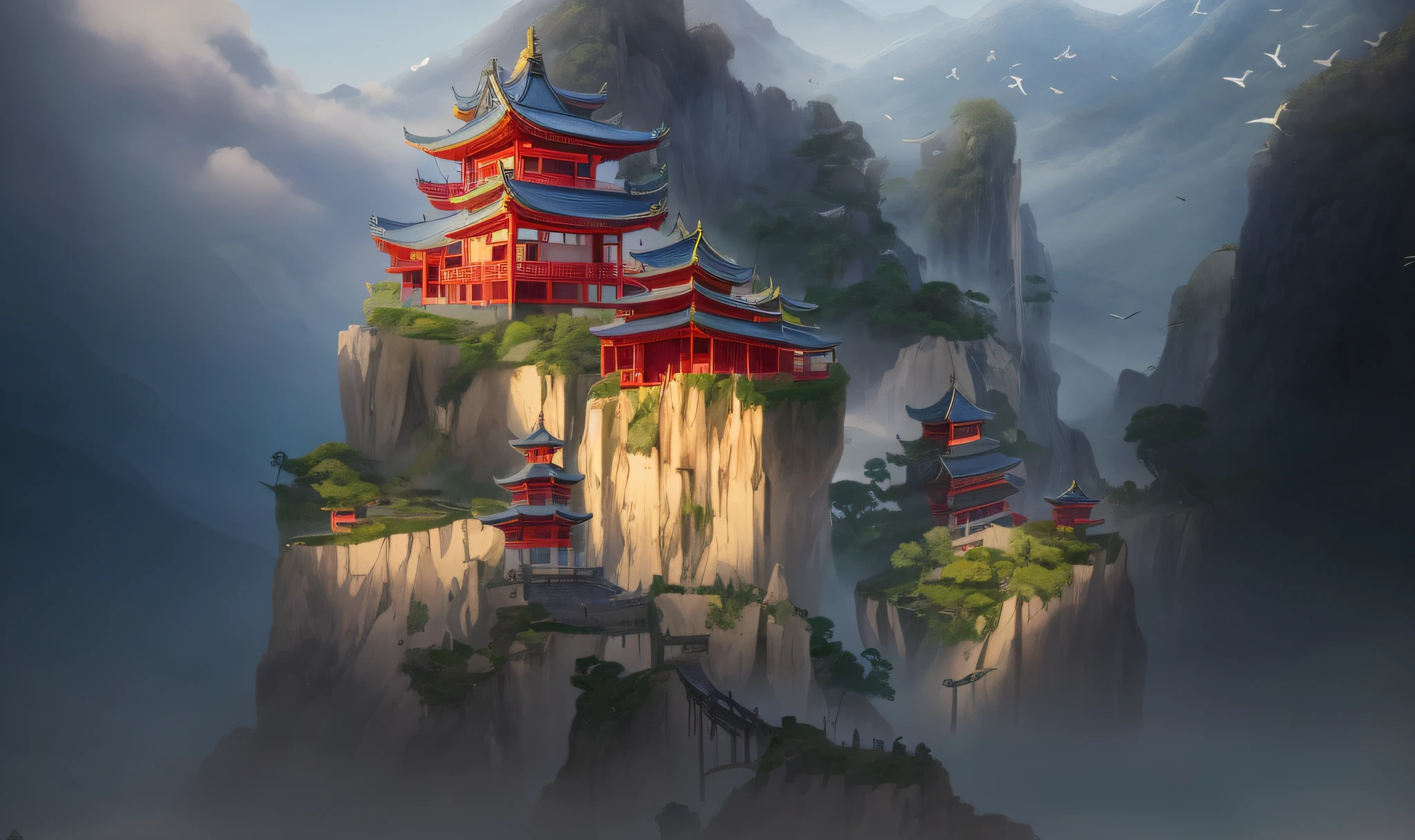 Delicate, high-definition, full of traditional Chinese style picture. The mountain of Arafeld with the pagoda, the waterfall roaring beside it. The picture creates a Chinese fantasy while presenting traditional Japanese concept art. The Chinese landscape is depicted using details in the style of Chinese watercolor. Using the technique of G Liulian's artistic style, the dojo on the mountain is highlighted in the picture, creating the atmosphere of Ross Tran. The background is a beautiful artwork illustration, the whole is like a dream Chinese town, just like the beautiful scenery of the Tang Dynasty, beautifully rendered. --auto --s2