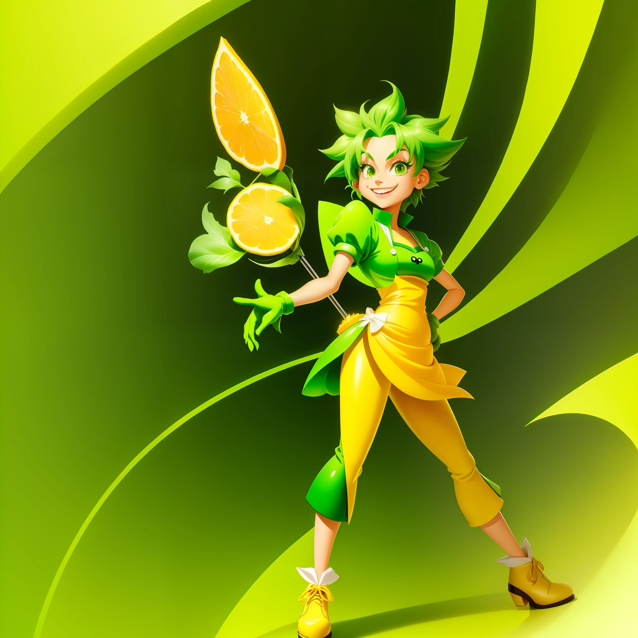 Cartoon chef made of green lemon fruit, green lemon, smiley, Disney, anime, high-end