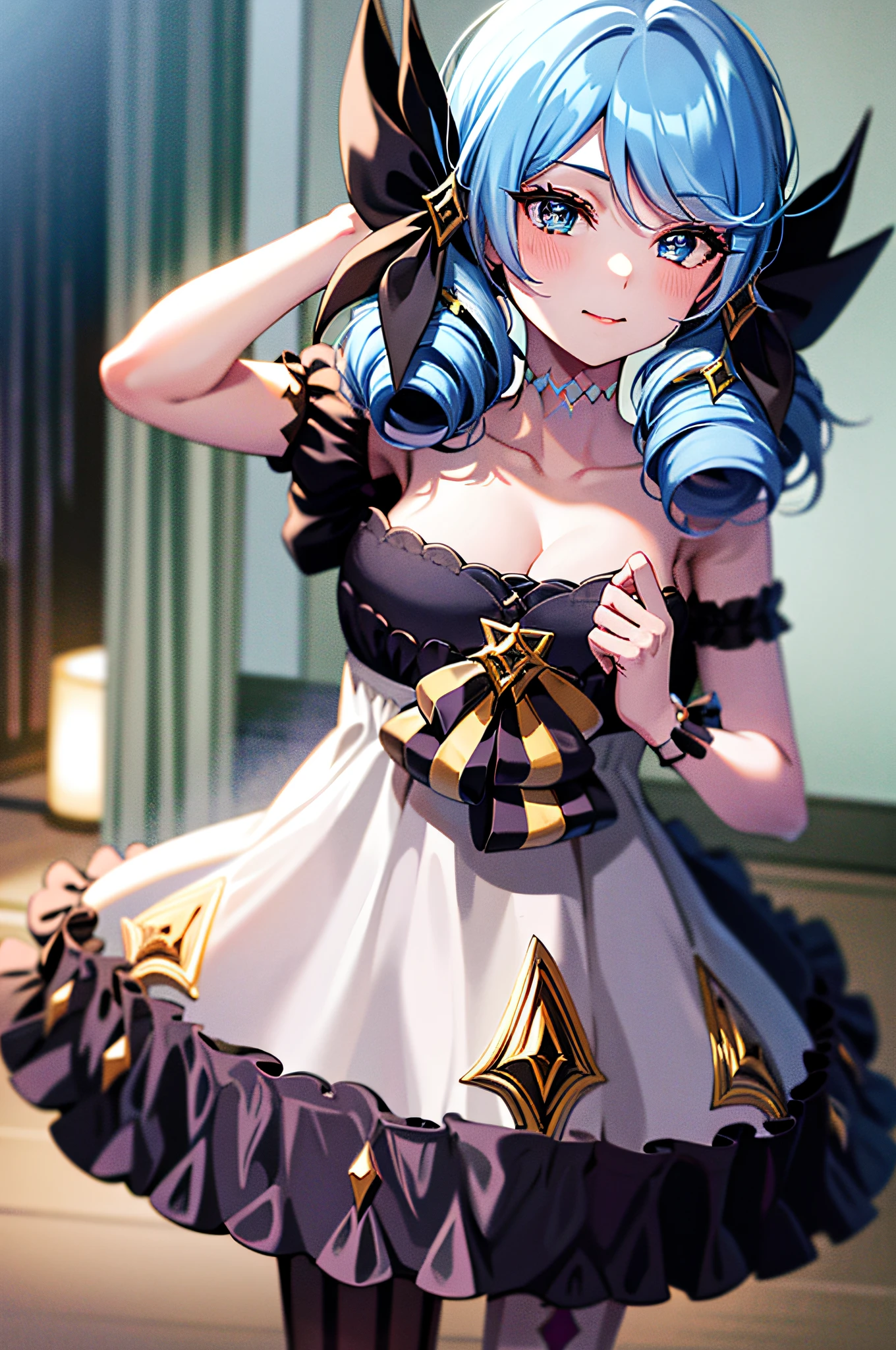 1girl, absurdres, black bow, black gloves, black legwear, blue eyes, blue hair, bow, clarkbone, dress, drill hair, frilled dress, frils, gloves, gwen\(league of legends), hair accessories, highres, League legendary, long hair, cracked lips, puff sleeves, pink pupils, smile, solo, white dress, x, x hair accessories, mid-chest, indoor, semi-nude