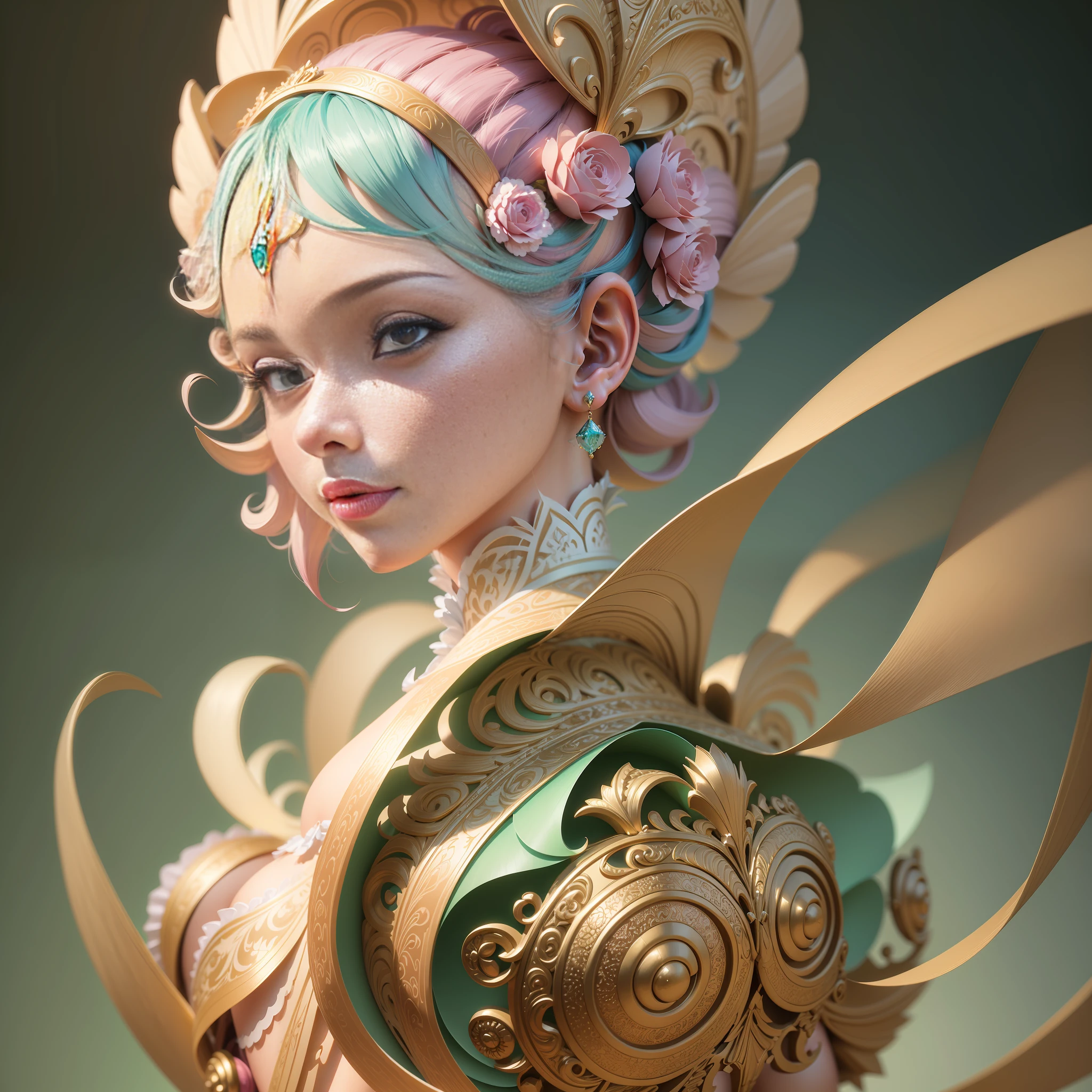 3d rendering hand cut paper of butt cheeks in rococo pastel tones, mike campau, dmitry spiros, smooth and dynamic lines, classical balance, kinuko y style. Craftsmanship, colorful complexity