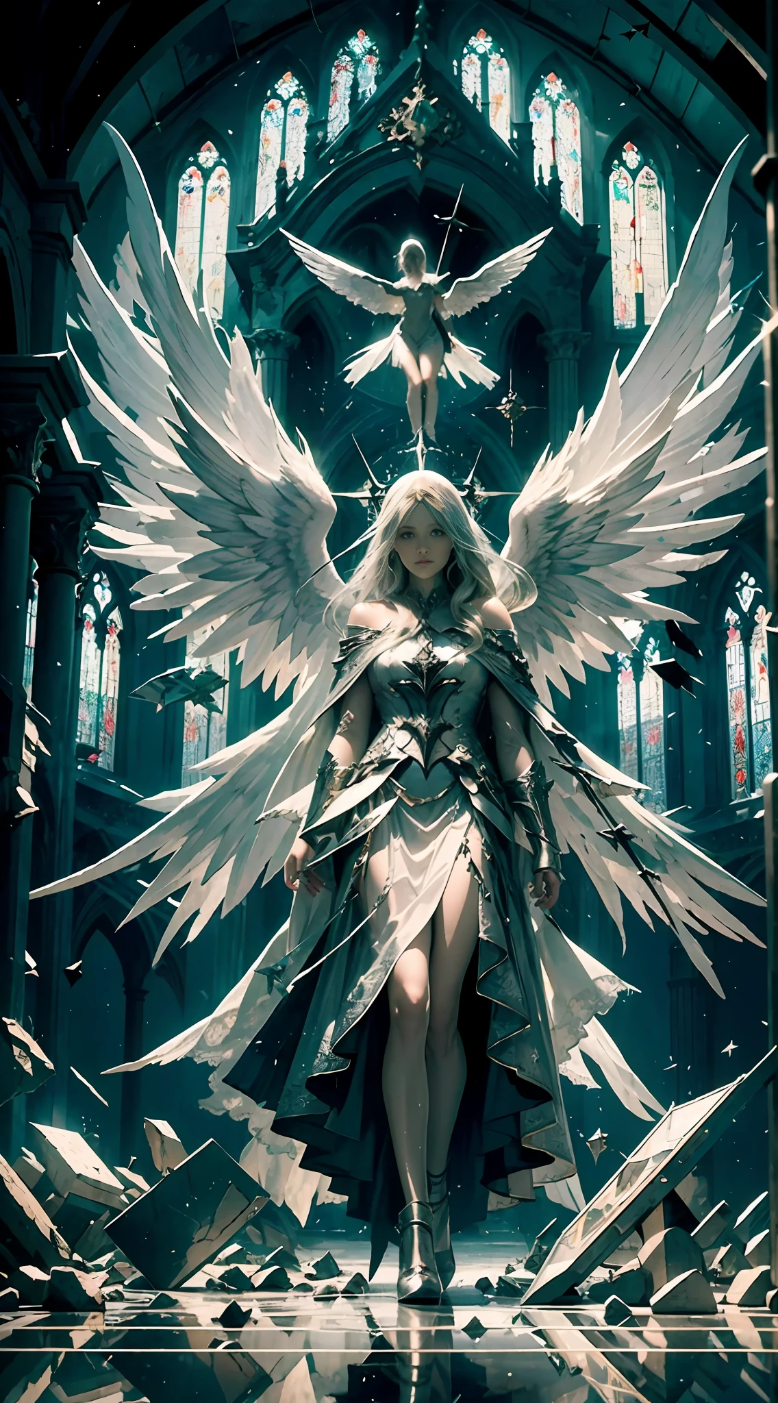 Magical, dark style, church glass, broken glass, glass shards, reflections, angels descending from heaven, divine aura, holy light, white veil and bright silver, peerless beauty,